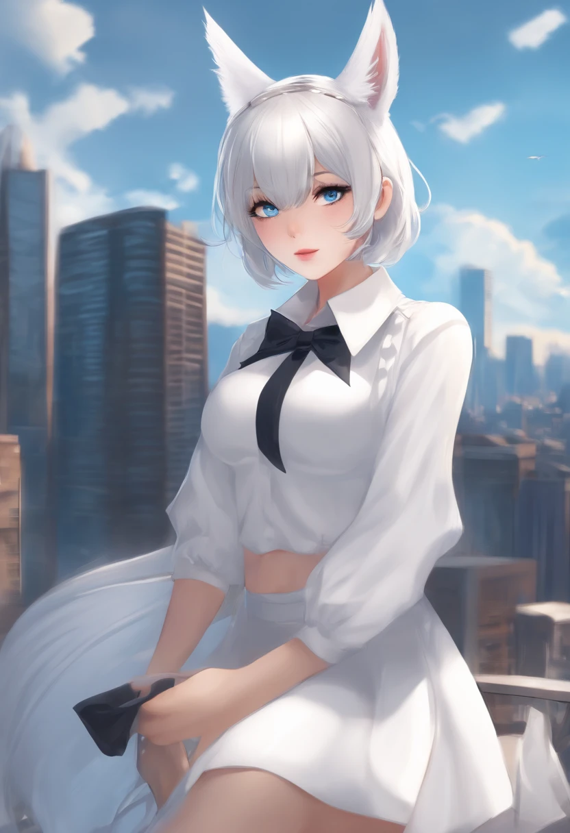skistyle, 1girl, solo, silver hair, animal ears, blue eyes, wings, looking at viewer, bangs, short hair, spiked collar, white collar, hair bow, , closed mouth, shirt, white shirt, bob cut, portrait, makeup, upper body, city in background, big breasts, dripping semen