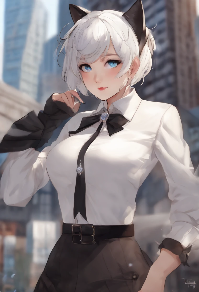 skistyle, 1girl, solo, silver hair, animal ears, blue eyes, wings, looking at viewer, bangs, short hair, spiked collar, white collar, hair bow, , closed mouth, shirt, white shirt, bob cut, portrait, makeup, upper body, city in background, , dripping 