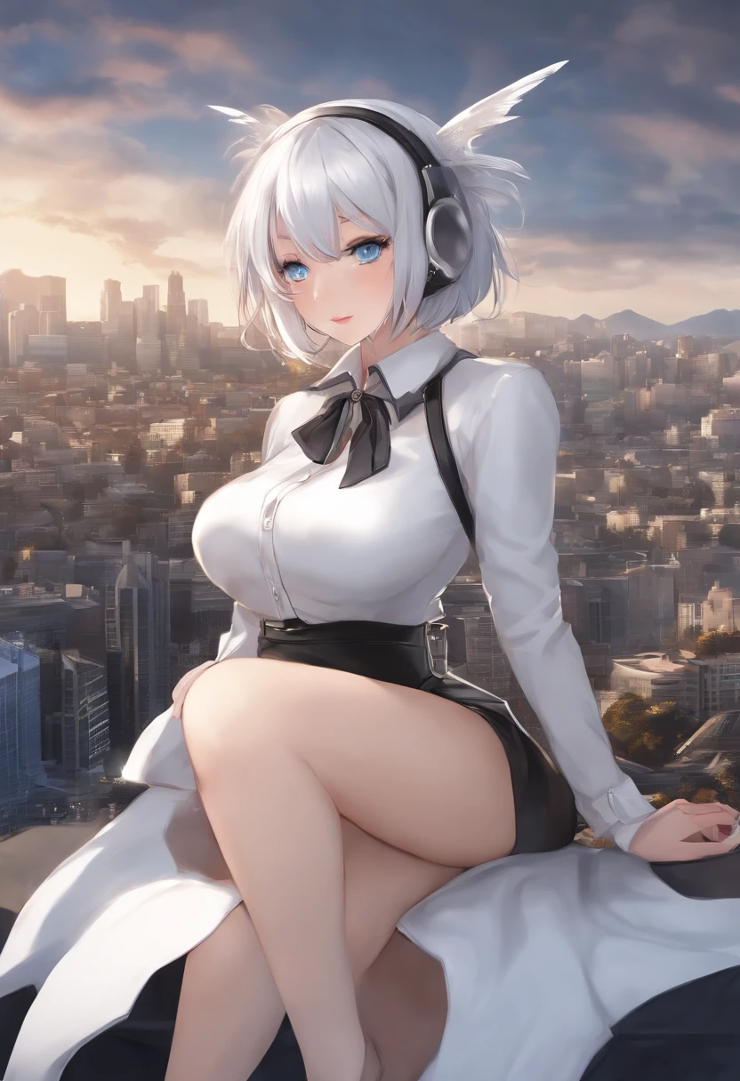 skistyle, 1girl, solo, silver hair, animal ears, blue eyes, wings, looking at viewer, bangs, short hair, spiked collar, white collar, hair bow, , closed mouth, shirt, white shirt, bob cut, portrait, makeup, upper body, city in background, big breasts, dripping semen