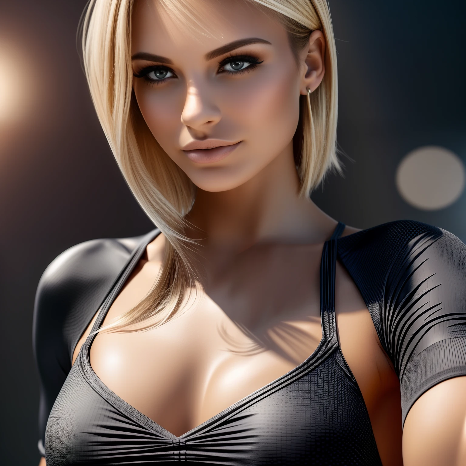 Front bodyshot of 25yo European woman, pointing at camera, blonde hair, serious, (amazing skin detail: 1.4), (natural skin: 1.2), (pores: 0.6), makeup, (detailed eyes: 1.2), black background, studio, light border, dark atmosphere, (bokeh: 1.2), photography, cinematic, photorealistic, ultrarealistic, fit girl, skintight dress, perfect figure