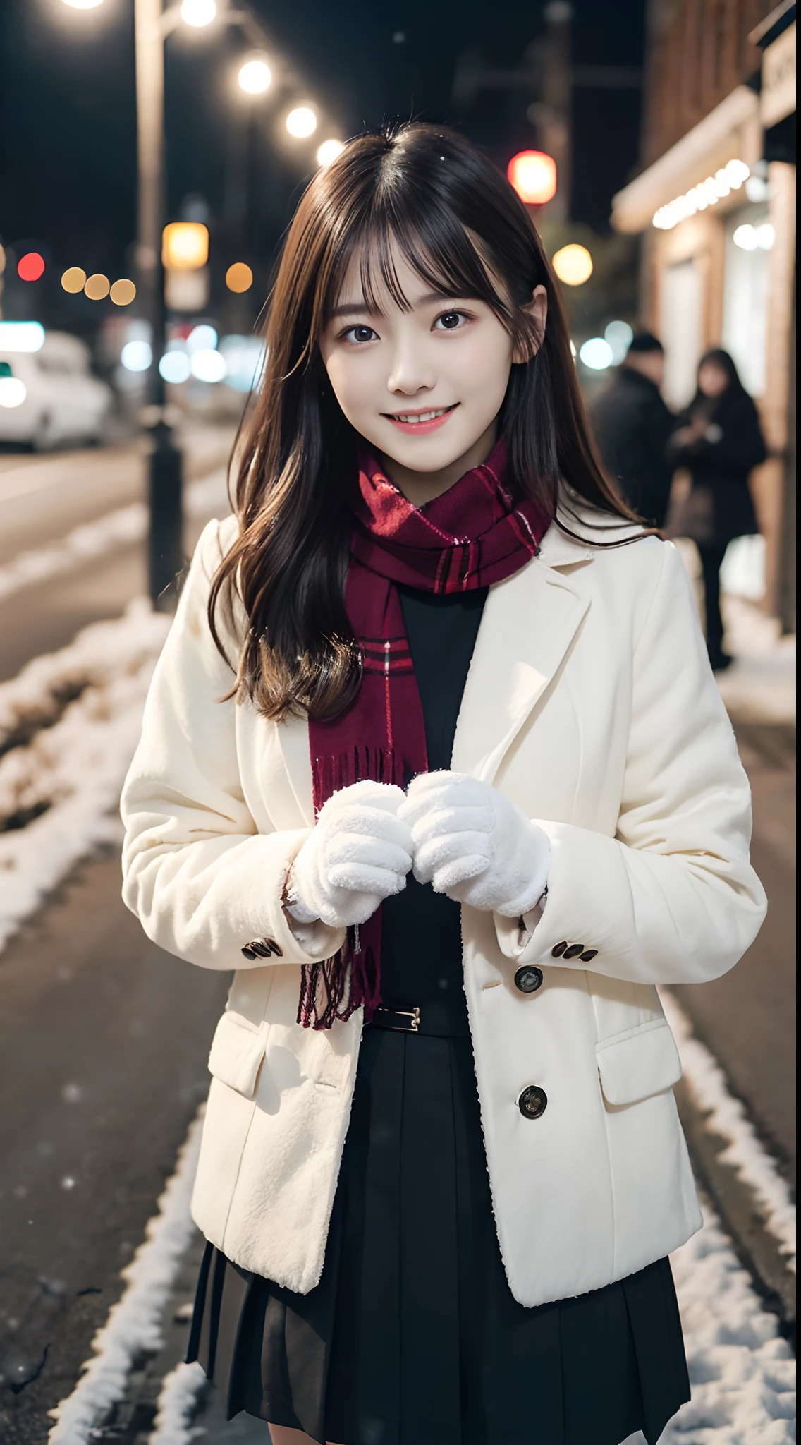 (A close-up of a girl is、with long hair in takes，The bangs are dull，Wear a winter uniform and scarf jacket:1.5)、(A girl with a shy smile、Gift box with gloves in hand:1.5)、(Snowy winter night street corners and Christmas lights:1.5)、(Perfect anatomy:1.3)、(No mask:1.3)、(Complete fingers:1.3)、Photorealistic、Photography、masutepiece、top-quality、high resolution, delicate and pretty、face perfect、Beautiful detailed eyes、Fair skin、Real human skin、pores、((Thin legs))、(Dark hair)