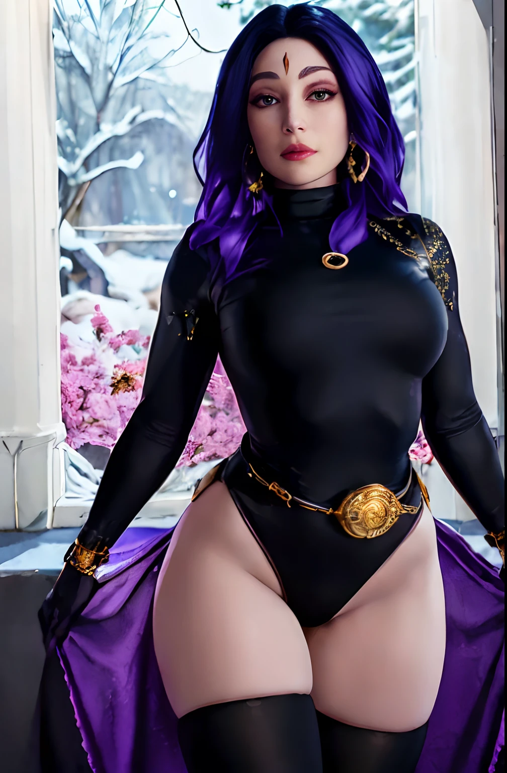 cowboy shot of  alinitydivine as rvn, hotraven, beautiful face, detailed face, pale skin, black leotard, turtleneck, tights, gold belt, jewels, medallion, athletic, looking at viewer, night, dark temple,  best quality, masterpiece, intricate details, tonemapping, sharp focus, hyper detailed, realistic