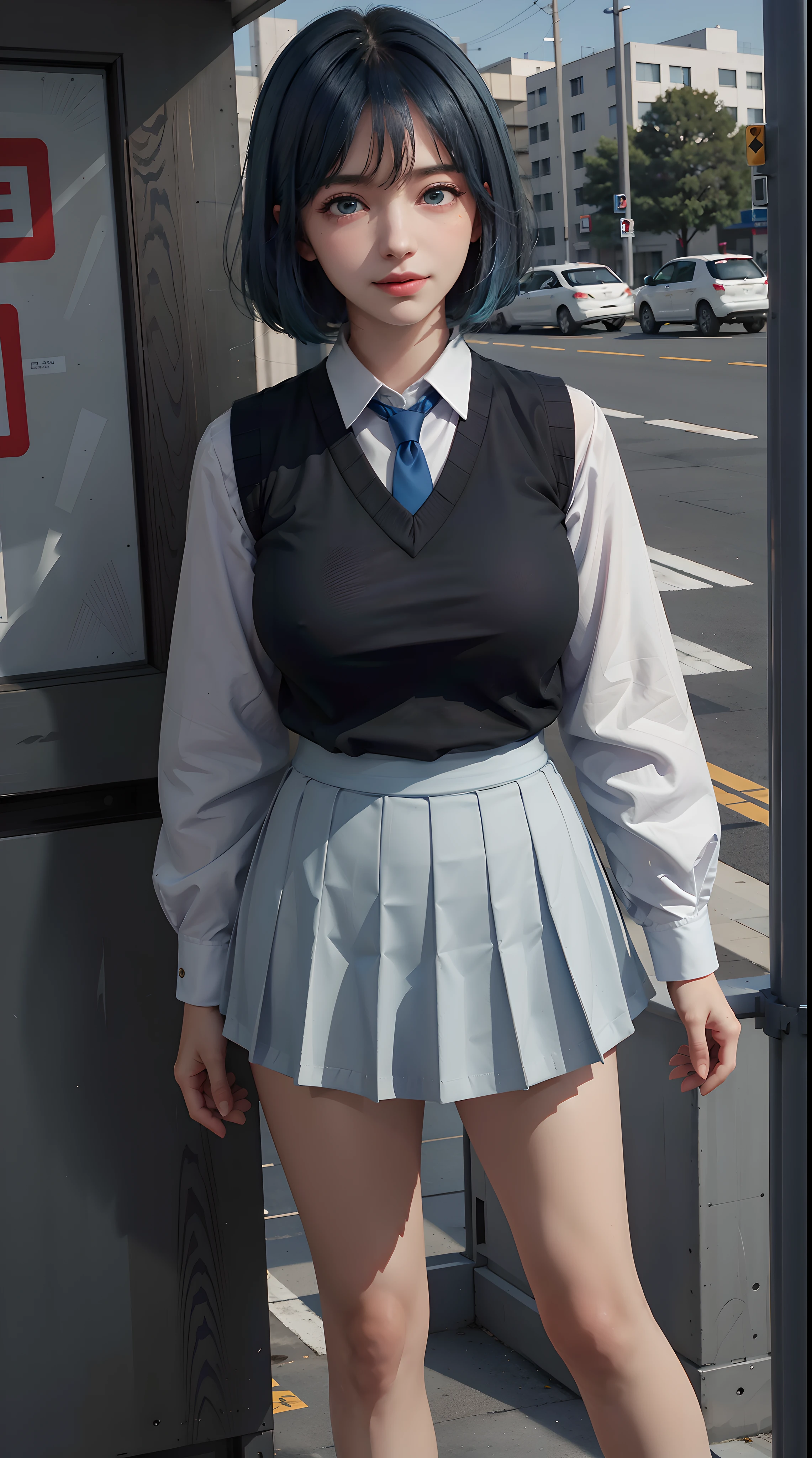 (Masterpiece: 1.3), Best Quality, Ultra High Resolution, 1girll, (big boobs:1.3), (blue hair, green eyes, bangs, short hair) ((girl akanekurokawa )) pe rfect eyes, has an extremely sexy body, with full breasts and a thin waist, and an extremely sexy body, skirt, socks, sneakers, shoes, white footwear, black socks, pleated skirt, kneehighs, white shirt, blue necktie, long sleeves, vest, collared shirt, ,has a bold look. young, quality, Ultra high Detail, realistic, cute expression, shy smile, calm, convenience store, street, c ity, (standing)