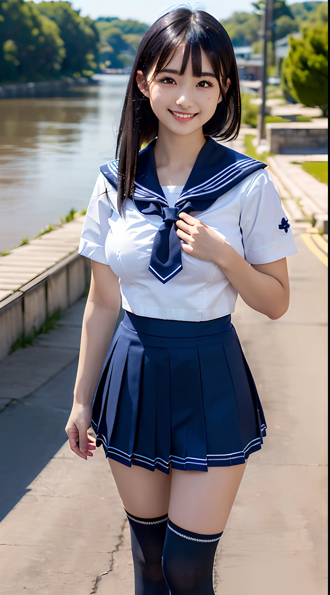 (in 8K, 超A high resolution, Best Quality, masutepiece:1.1),(18year old:1.1)、(Look away)、in 8K、RAW portrait of japanese girl、Photorealsitic、超A high resolution、top-quality、(a sailor suit、Navy Pleated Mini Skirt:1.2) (hi-school girl、toned body、Be sure to hide all breasts、Black hair straight hair、 Super cute、Cute smile、Navy Mini Skirt Sailor Suit、Black socks:1.5)Walking along the riverbed