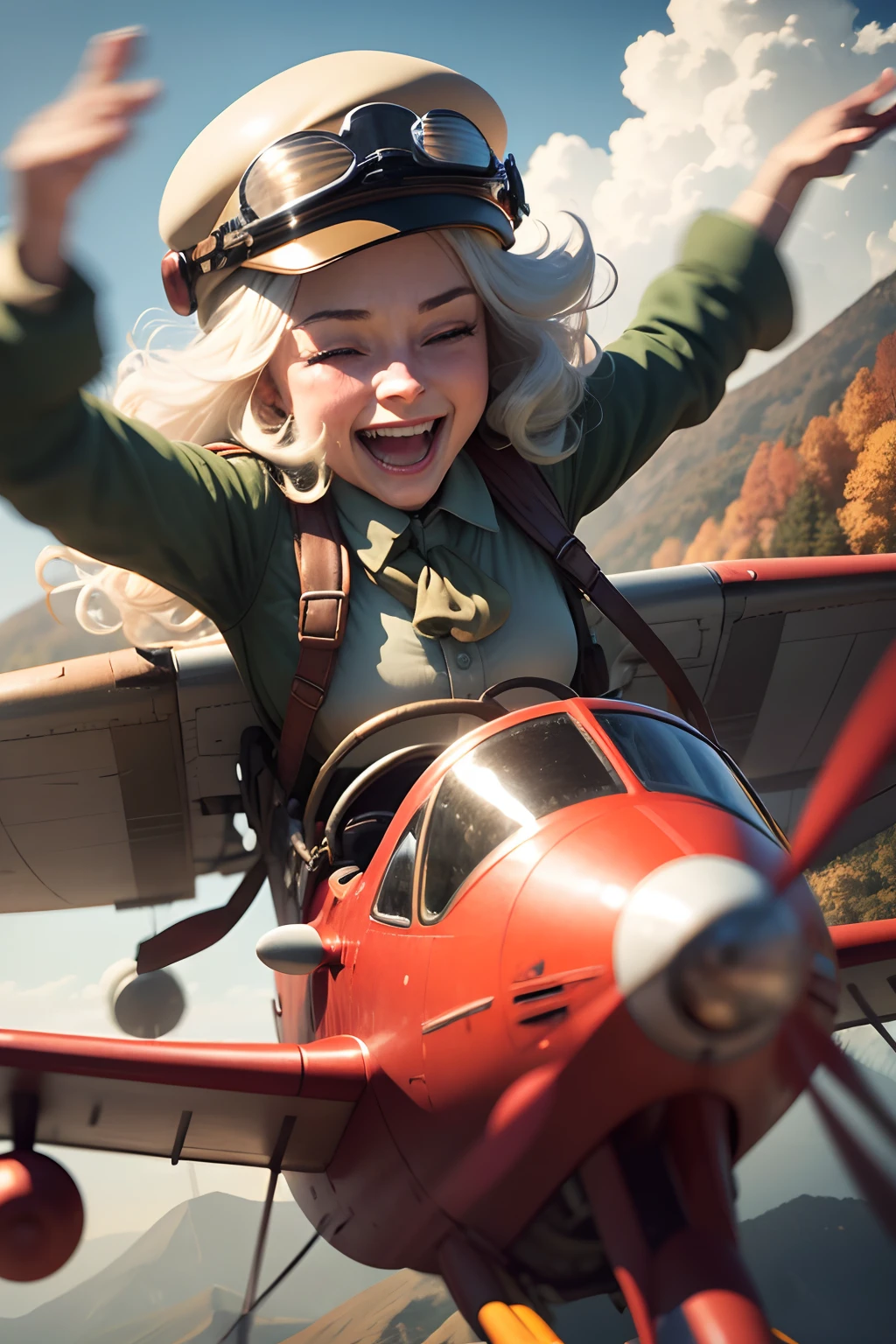 A very dynamic scene. laughing European pilot, with shoulder-length curly white hair, wearing a vintage leather flight helmet, 50 years old, flying astride a red toy airplane with a propeller. The background below is a forest with beautiful autumn foliage and mountains, with many clouds around. Close-up. Disney Pixar style, friendly and memorable appearance. Motion blurred background. Light haze.