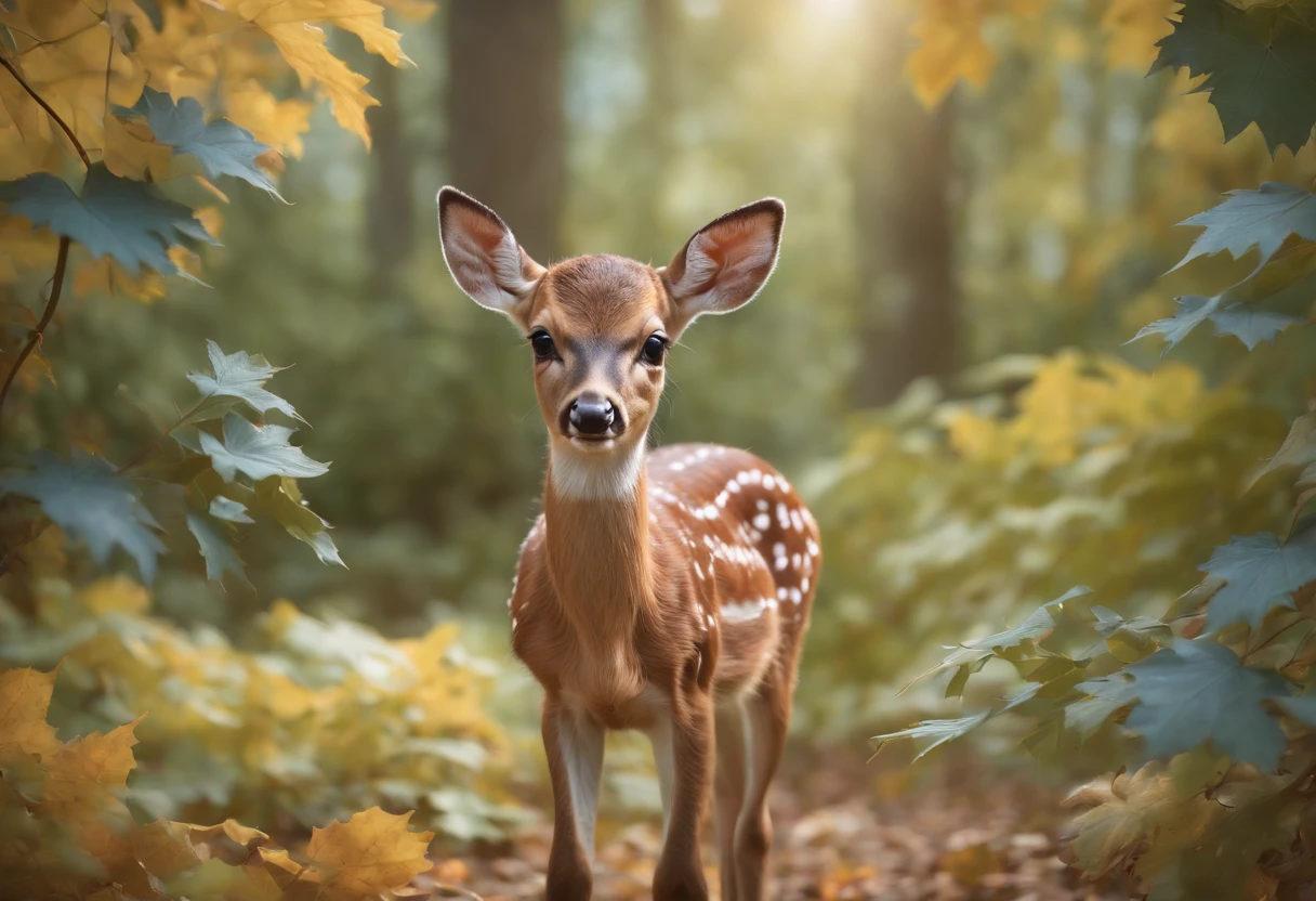 hyperrealistic glamour photo of a cute little baby deer surrounded by beautiful blue maple leaves in a meaple forest, meaple leaf in his mouth, autumn, beautiful eyes, sunlight, (high quality:1.2), extremely detailed fur, masterpiece, best quality, photograph, dreamlike, face focus, intricate details, sharp focus, photography, photorealism, photorealistic, soft focus, volumetric light, (****), (intricate details), (hyperdetailed), high detailed, lot of details, high quality, soft cinematic light, dramatic atmosphere, atmospheric perspective, raytracing, subsurface scattering