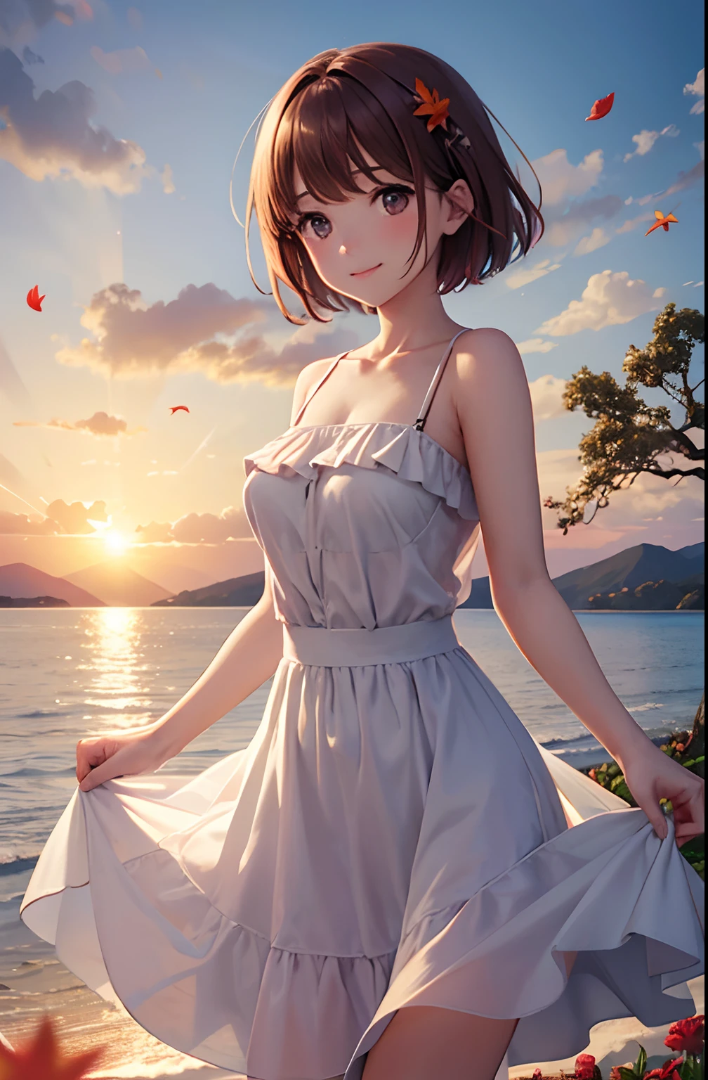 1girl, autumn, autumn_leaves, bangs, beach, blue_sky, blush, breasts, brown_hair, closed_mouth, cloud, cloudy_sky, collarbone, day, dress, field, flower, flower_field, horizon, lake, leaf, looking_at_viewer, mountain, mountainous_horizon, ocean, outdoors, palm_tree, petals, plant, red_flower, short_hair, skirt_hold, sky, smile, solo, standing, sunset, tree, twilight, water, white_dress, perfect eyes