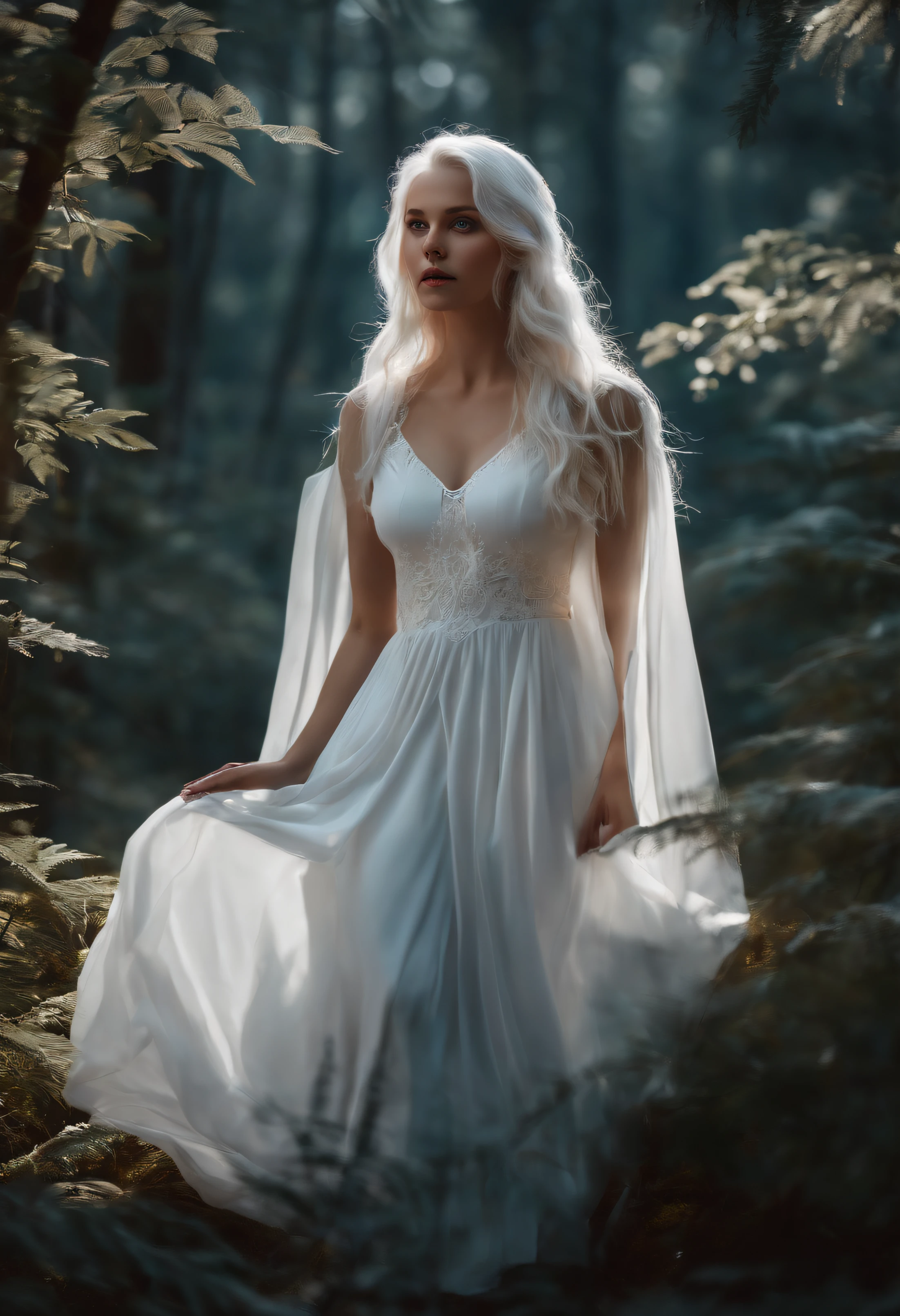 1 girl with blue eyes white hair full white dress looking at the viewer background forest aesthetic