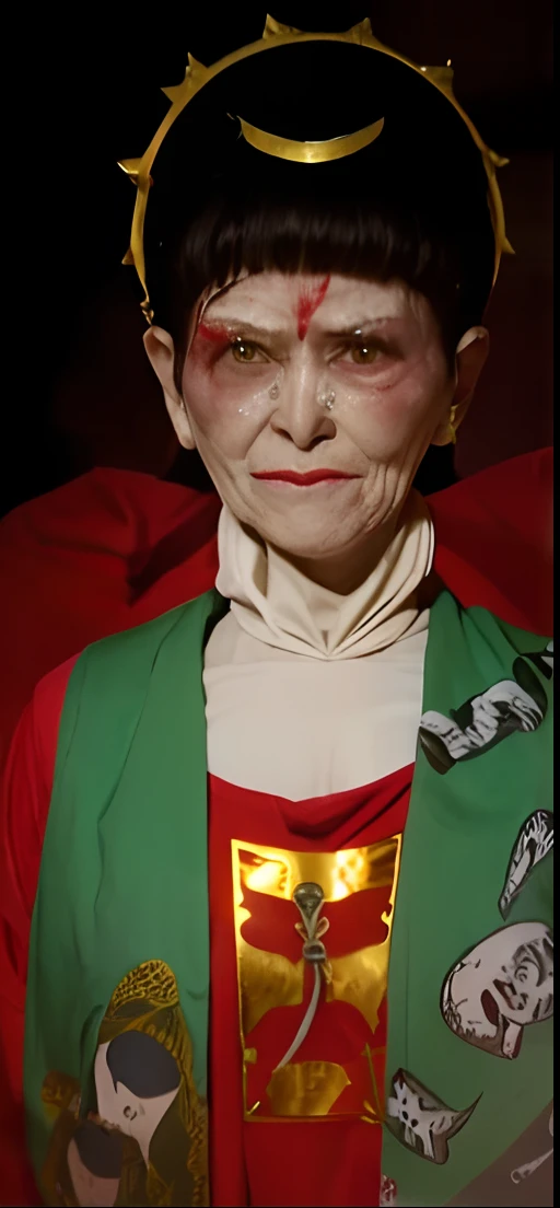 Ghost, Old woman, Scary old granny, bun on head, black hair, bright red eyes with blood flowing, blood red lipstick, red clothes with green scarf, gold earrings, Green pointed headband, and on the front there is gold additional decoration, realistic