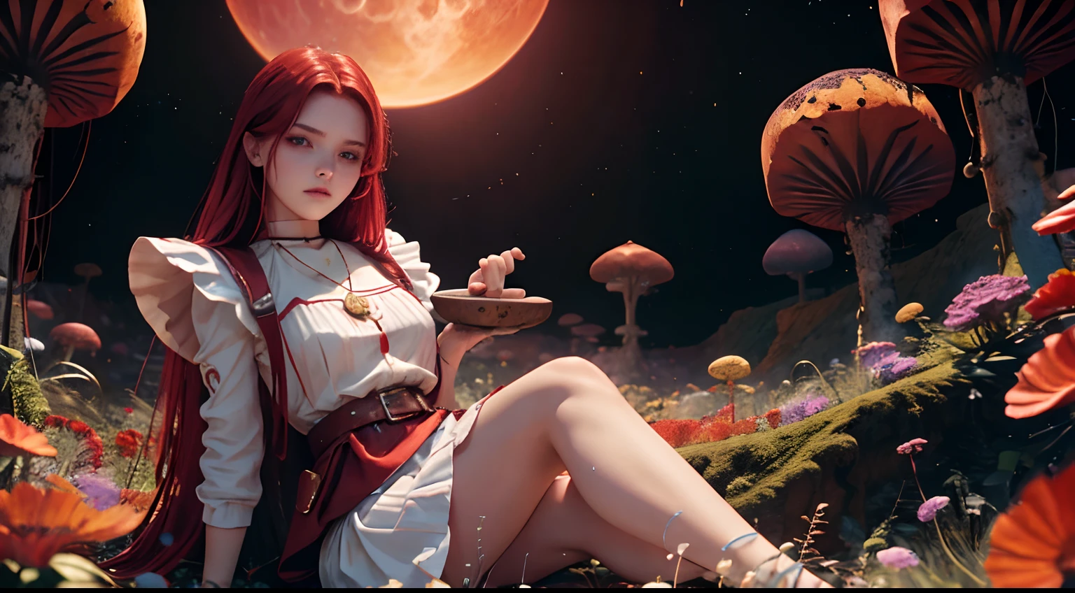 1 saint priest, red and white dress, red eyes, red hair, ************ girl, Spatula in hand, Best Quality, Ultra High Resolution, high detailed skin, high detailed face, belt, religious necklace, in a fantasy meadow, purple glowing tree, red sun, Best Quality, Ultra High Resolution, Best Quality, Ultra High Resolution,