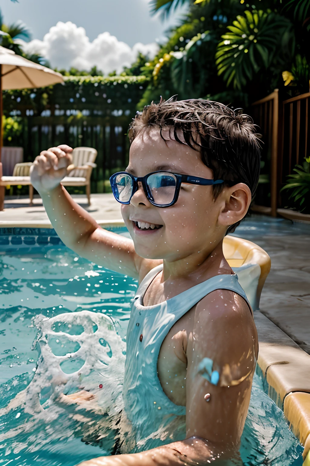 Create a captivating magazine cover image that showcases a 3--old  having a delightful time in a pool. The focus is on the boy as he playfully interacts with the viewer, wearing his glasses with a cheerful expression.The background of the image should have a beautiful, dreamy quality with a soft and artful blur to emphasize the central subject. The sunlight should be abundant, creating a warm and inviting atmosphere, and reflecting off the clear, crystal-blue pool water.The boy should be captured in a candid and joyful moment, perhaps splashing water or showing off his swimming skills. His glasses should be rendered with realistic reflections and highlights that give them depth and authenticity.The overall composition should convey a sense of carefree summer fun and innocence, drawing viewers into the scene and making them feel the joy of the moment.This magazine cover image aims to celebrate the simple pleasures of childhood, the refreshing allure of a pool on a sunny day, and the genuine happiness of the boy, all while maintaining a high level of visual appeal."