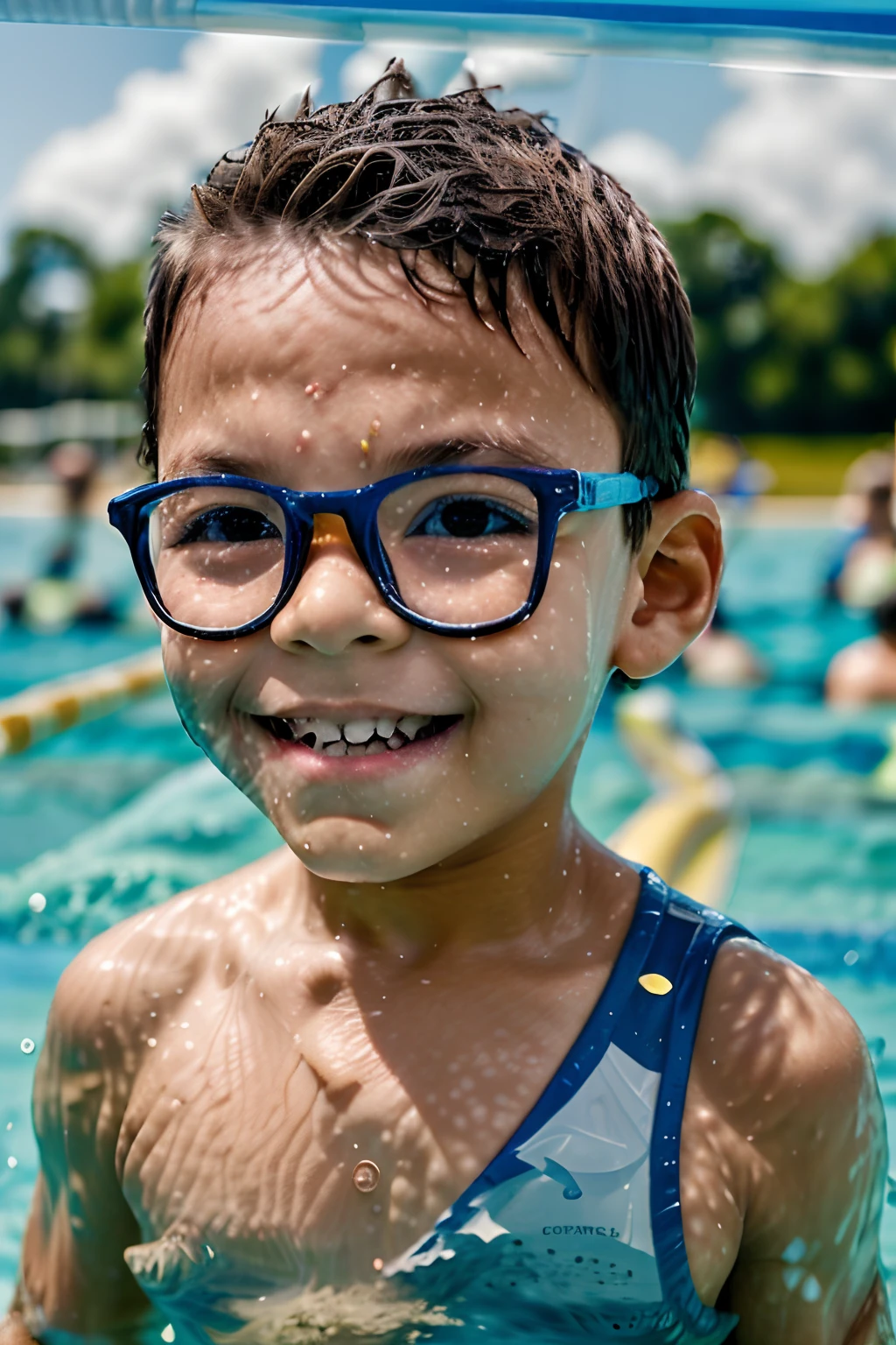 Create an image for a magazine cover featuring a 3-year-old boy wearing glasses at the swimming pool, playing and striking a pose facing the viewer. Blurred background. Sunny day. Crystal-clear water.