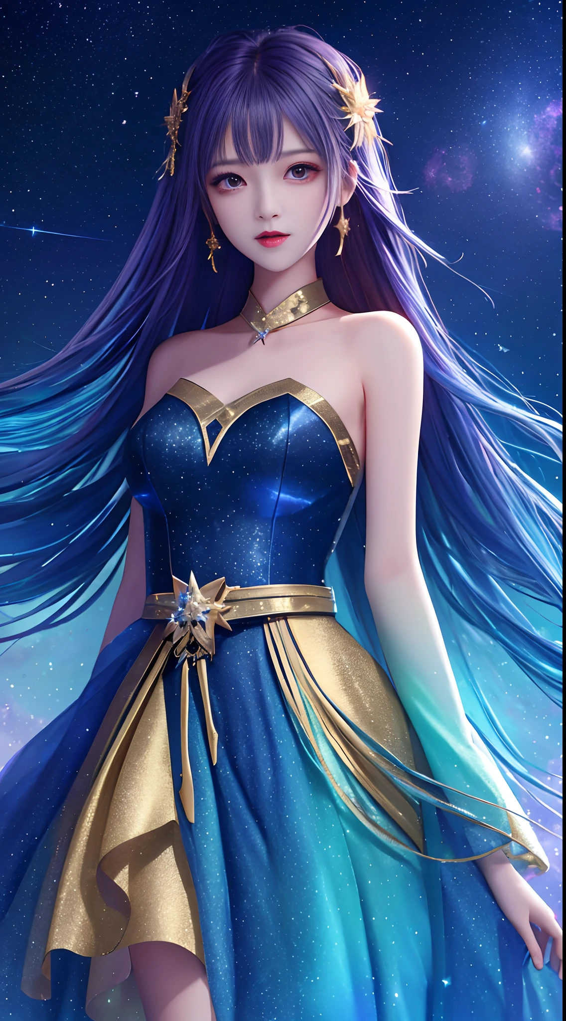 masterpiece, best quality, high quality, absurdres, 1girl, star \(sky\), 1girl, starry sky, dress, solo, long hair, light particles, gradient, gradient background, bare shoulders, night sky