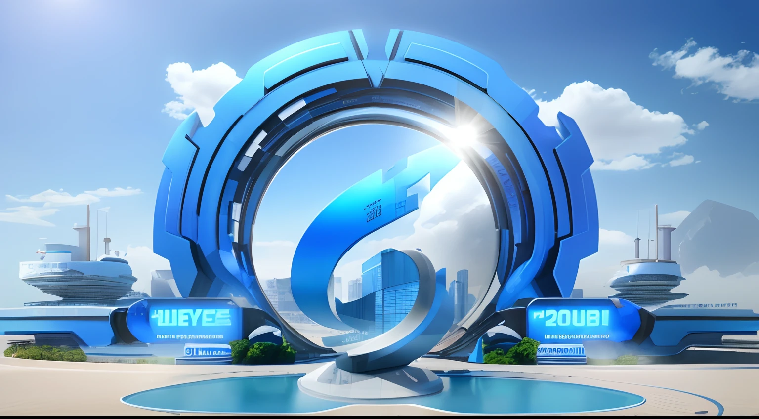 A huge blue logo that reads "Welcome to 2023". The logo is designed to welcome visitors and convey hospitality, experimentation, urbanization, realistic blue sky backgrounds, futuristic technology, minimalism, 8K 3d