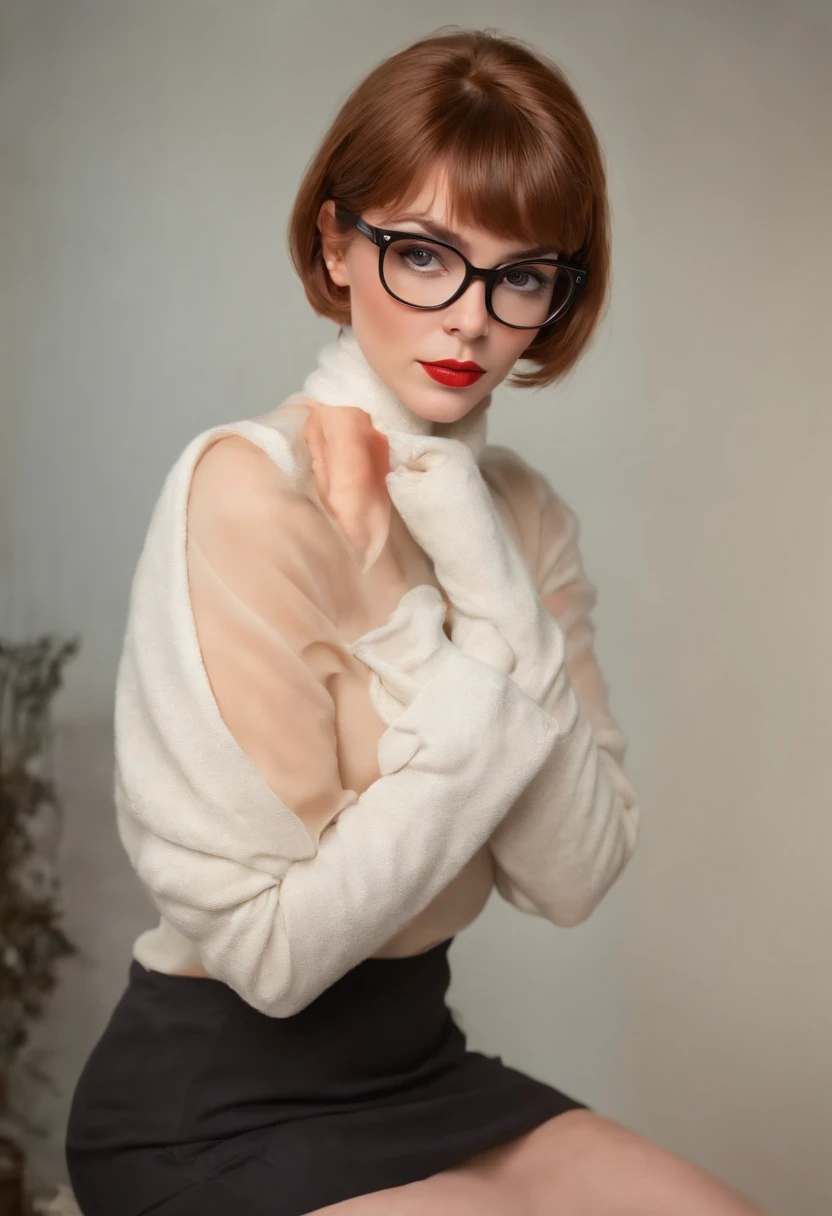 hyper detailed ((Velma Dinkley)), Incroyablement belle jeune femme, nu sexy, nerd, lunettes, Cheveux courts sur un bob, Chiffre de sablier, (Tight orange turtleneck), (Braless), ((show through)), ((aroused)), Corps entier, (Socks with garters), pose dynamique, expression coquette, Visage parfait, Michael Garmash, Daniel F. Gerhartz, Clint Cearley, Excessive brightness, warm dreamy lighting, volumeric lighting, Pulp Adventure Style, acrylique fluide, dynamic gradients, Couleur audacieuse, Johan Grenier, Conception des personnages, Ombrage 3D, Fan box, cutscene, Encadrement organique, Couleurs vives et luxuriantes, TXAA, Alcohol painting, wet gouache