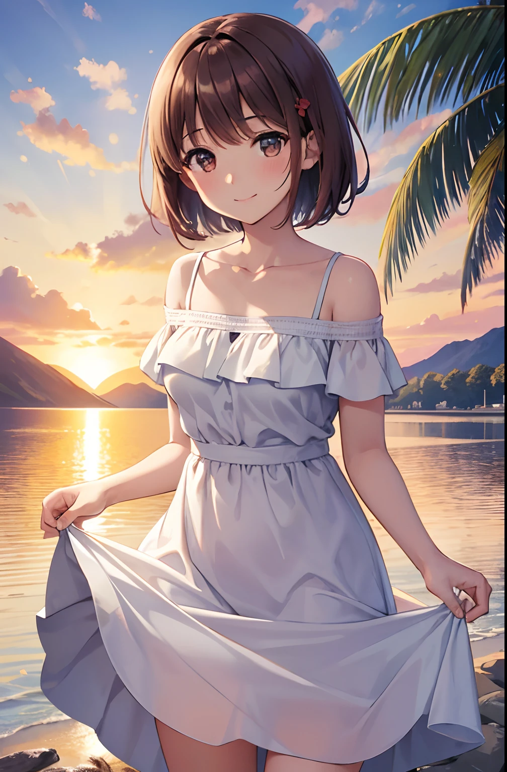 1girl, autumn, autumn_leaves, bangs, beach, blue_sky, blush, breasts, brown_hair, closed_mouth, cloud, cloudy_sky, collarbone, day, dress, field, flower, flower_field, horizon, lake, leaf, looking_at_viewer, mountain, mountainous_horizon, ocean, outdoors, palm_tree, petals, plant, red_flower, short_hair, skirt_hold, sky, smile, solo, standing, sunset, tree, twilight, water, white_dress, perfect eyes