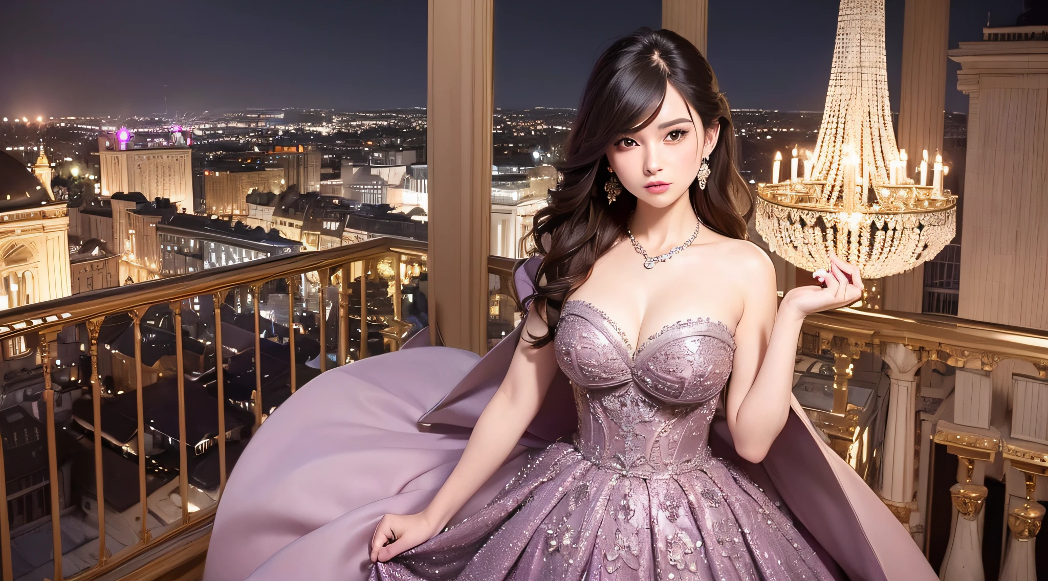 (1girl), dark hair, random hair style, (wearing a mauve haute couture ball gown) (elaborate and intricate designs), standing on the balcony of the ballroom, overlooking a magificient city scape and a beautiful night sky