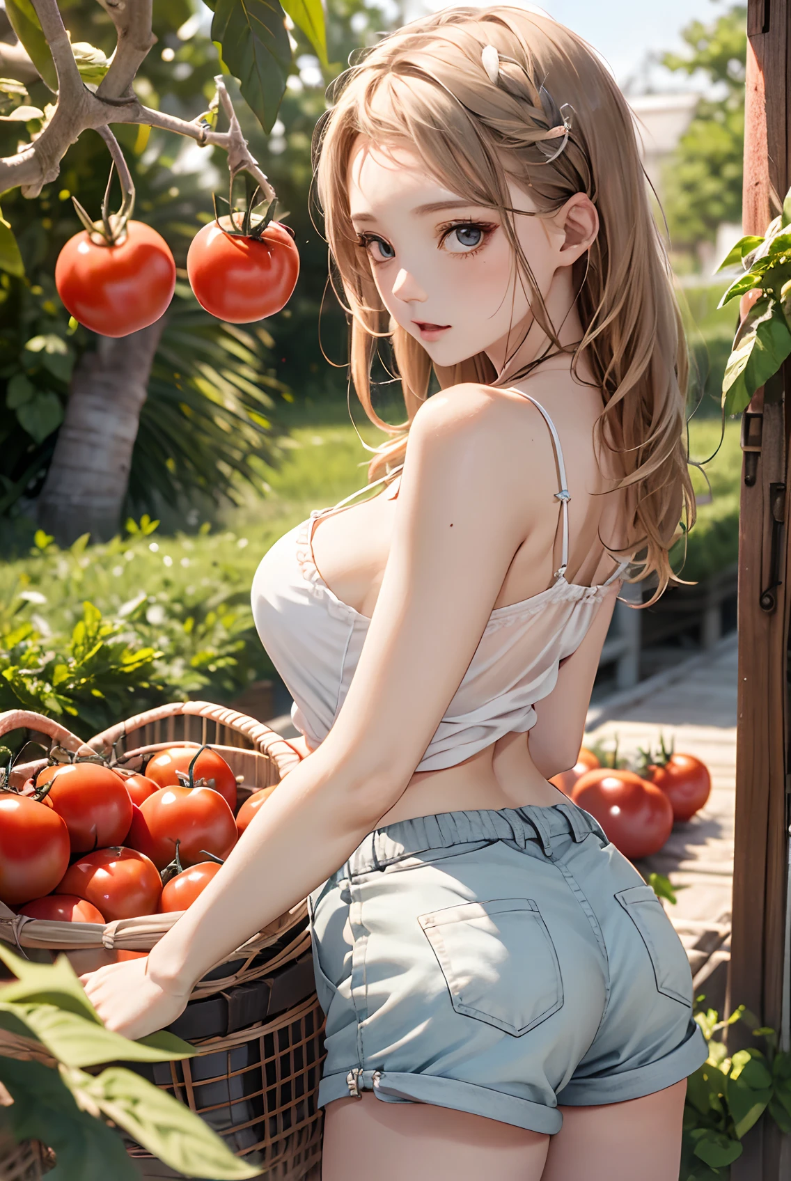 absurderes, ultra-detailliert,bright colour,(8K:1.3),masuter piece,extremely beautiful detailed face and eyes, 25 years old, masuter piece、Camisole、shortpants、Anthropomorphism of tomatoes,medium breasts⁩、Red skin、Summer morning、Ghibli,Tomato plantation