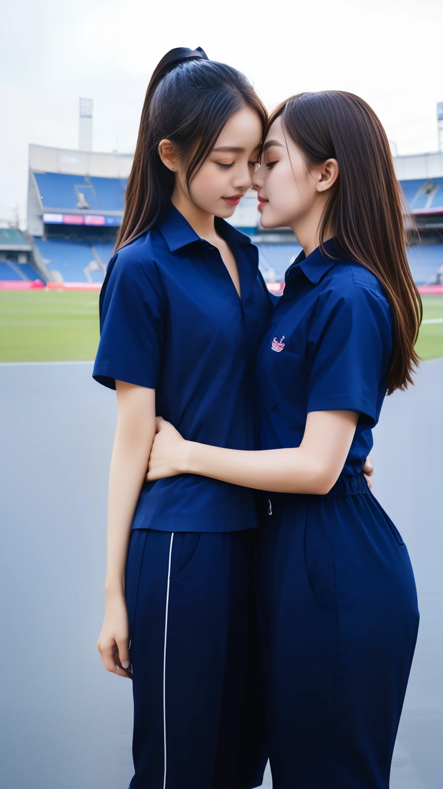 (bestquality,10,10,highres,masterpiece:1.2),ultra-detail,(Realistic,photorealistic portrait,photo-realistic:1.37),1 Cute girl in the football field,oily shiny skin,bara,light smile,BDclothes,((blue shirt:1.3)),short sleeves,Shirt, trousers.,(navy_long_Pants Track:1.1), ((Stadium Background:1.3)),dynamic angle,excited,face focus,Dynamic Poses,from behide,Ass Focus,masterpiece, bestquality, ultra realistic, hyper-detail, 8k resolution, RAW photo, crisp focus, ((Navy blue shirt:1.1)), short sleeves, Long Path, Perfect body, 2 mature women, 18yo, cinematic light,Blue sweatpants,Gymware,Correct anatomy,Complete body, Correct body, sharp face, Anatomically correct body, full entire body, Realistic gestures, long-haired, Realistic poses,Wear long shorts..,Long leg span,Shapely,Sculpting Girl, 2 girls kissing each other, Realistic kissing, Hourglass puppet, mannequin mannequins, Shapely, Beautiful body