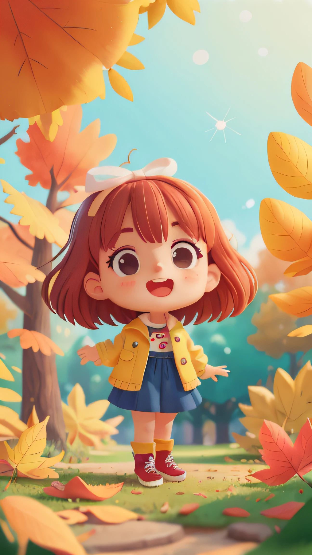 Girl sitting,parks,fall season,Yellow leaves,Bright sunny days,(tmasterpiece:1.2) (realisticlying:1.2) (Bokeh) (best qualtiy) (detailedskin:1.3) (complexdetails) (8K) (detailedeyes) (Sharp focus),(having fun)