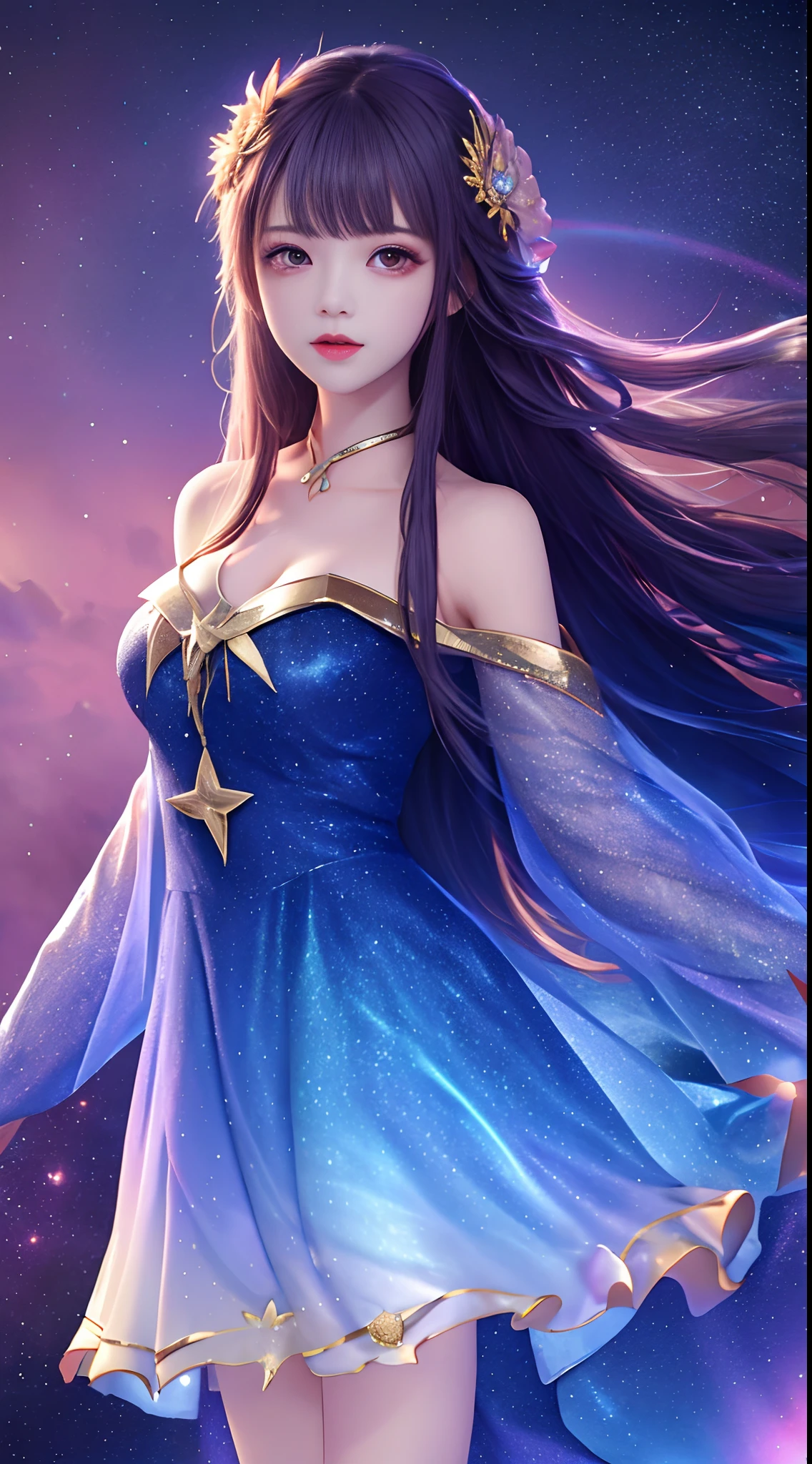 masterpiece, best quality, high quality, absurdres, 1girl, star \(sky\), 1girl, starry sky, dress, solo, long hair, light particles, gradient, gradient background, bare shoulders, night sky