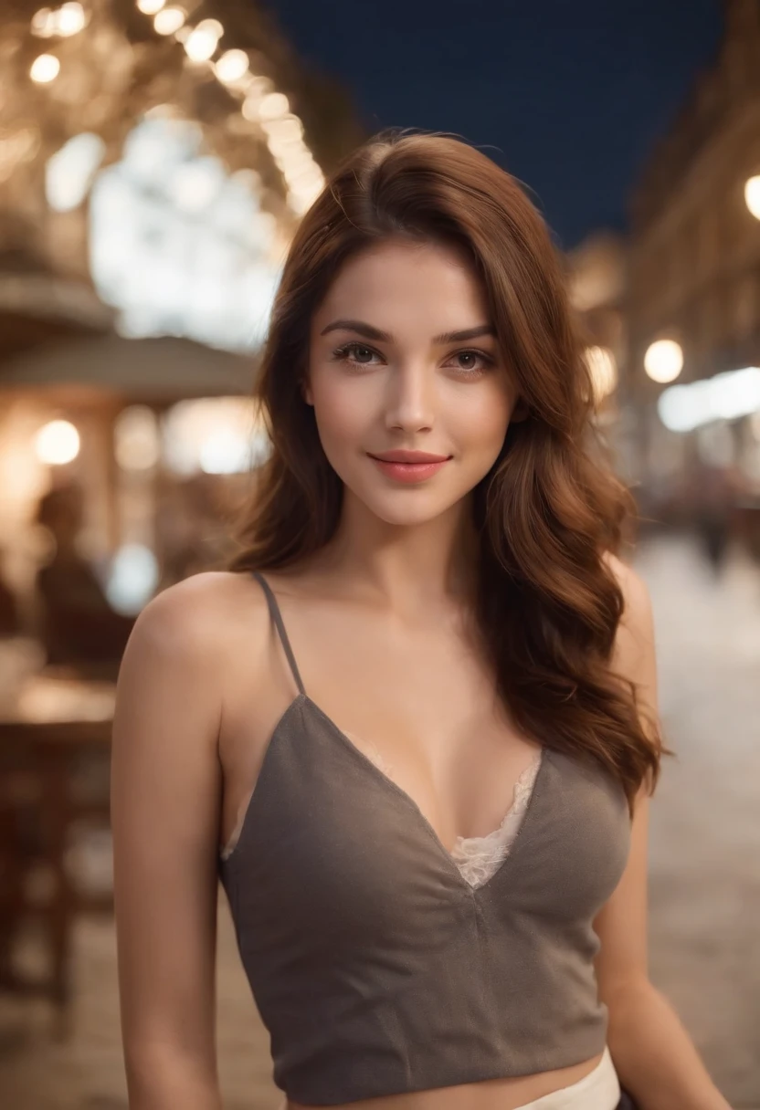 photography of 1 stunning 23 year old girl , wearing shorts , brunette hair ,beautiful café in background , cute smiling on her face, portrait picture, looking into camera , medium shot, spectacular lighting, gorgeous, (deep cleavage), (high detailed skin:1.2), 8k UHD, DSLR, soft lighting, photoshoot, ultra high res.photorealistic:.1.4, western, (masterpiece), best quality, high resolution, extremely detailed background, skin with pores, , cinematic lighting Completed