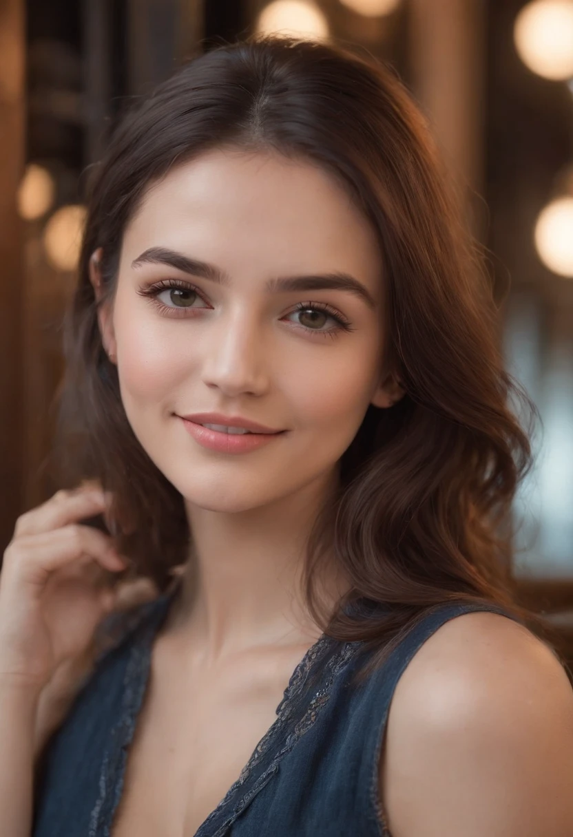 photography of 1 stunning 23 year old girl , wearing shorts , brunette hair ,beautiful café in background , cute smiling on her face, portrait picture, looking into camera , medium shot, spectacular lighting, gorgeous, (deep cleavage), (high detailed skin:1.2), 8k UHD, DSLR, soft lighting, photoshoot, ultra high res.photorealistic:.1.4, western, (masterpiece), best quality, high resolution, extremely detailed background, skin with pores, , cinematic lighting Completed
