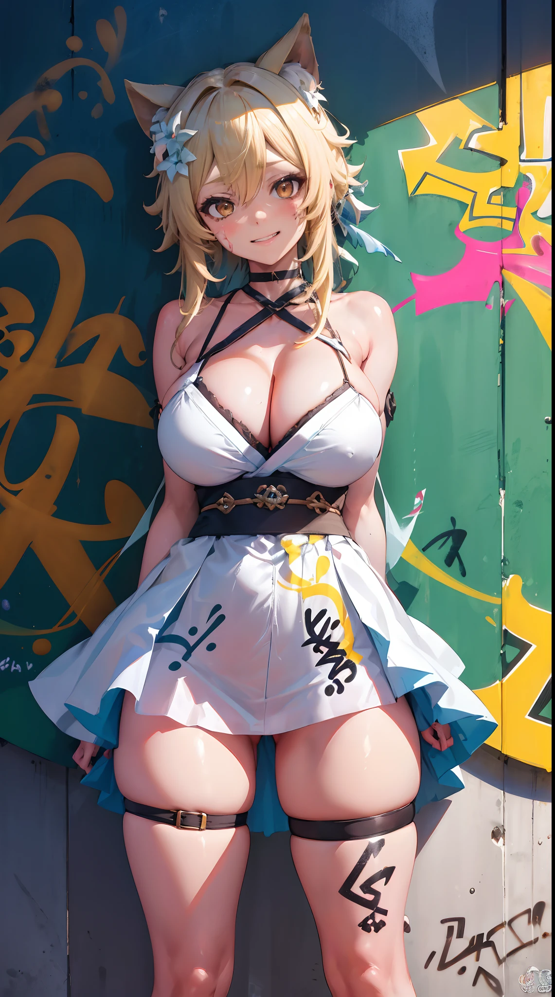 Lumine | genshin impact, master-piece, bestquality, 1girls,25 years old, proportional body, proportional., Hanbok, gigantic breasts, ,bara, choker, (Graffiti:1.5), Splash with purple lightning pattern., arm behind back, against wall, View viewers from the front., Thigh strap, Head tilt, bored, 10, 10, HD, slight smile,