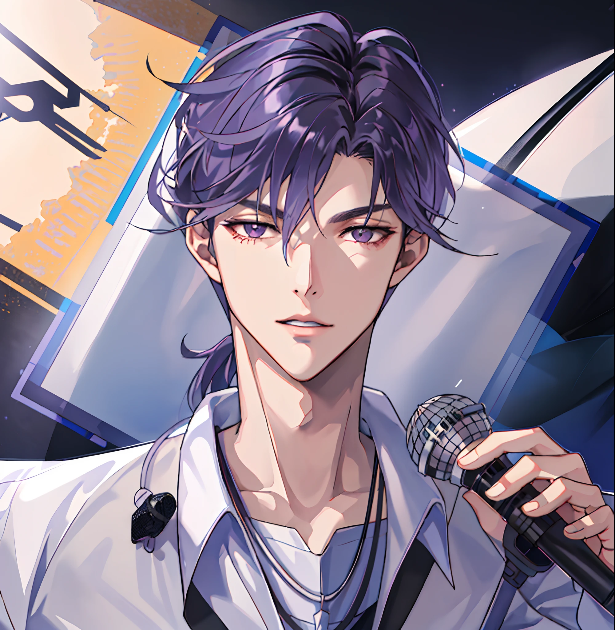 (Color the line drawings),tmasterpiece,high high quality,Best quality at best,k hd,realisticlying,Perfect litthing,Detailed body,1 man,black in color,with fair skin,Purple eye,White collar,Gray top,Black microphone,