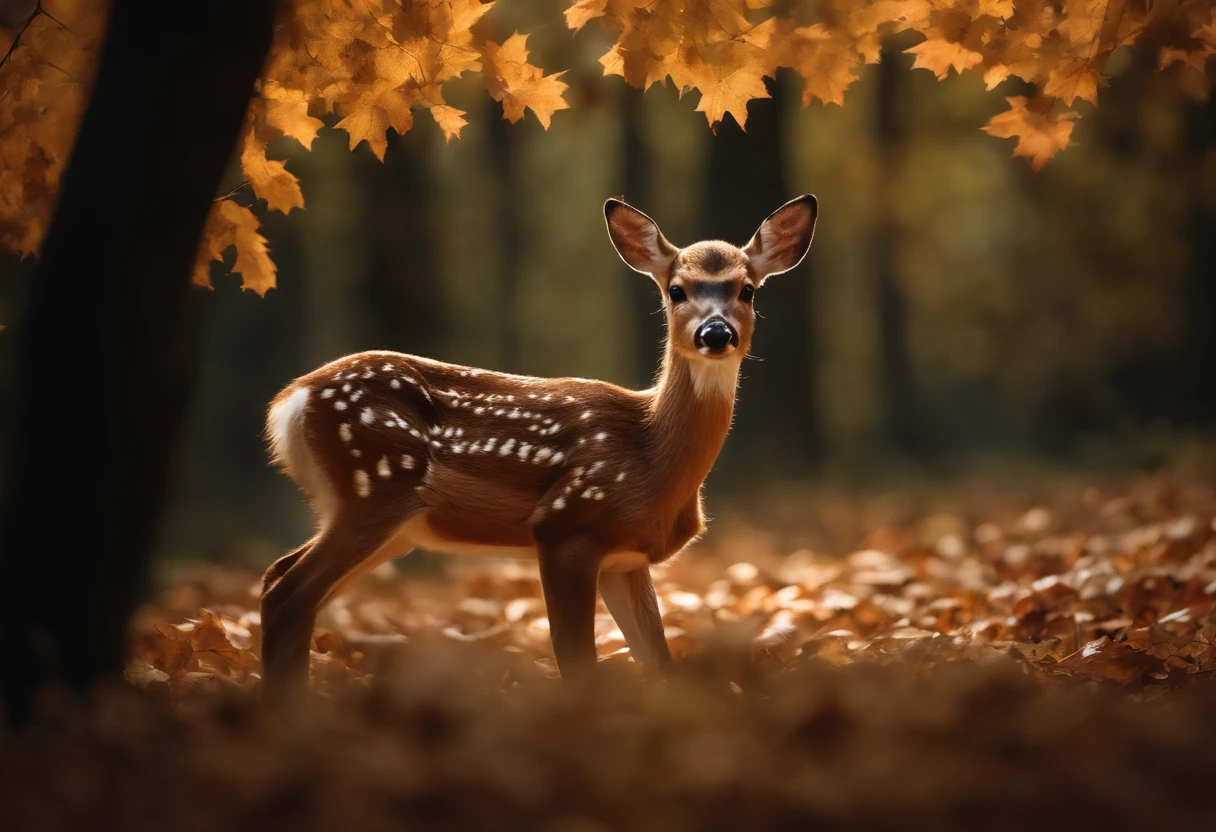 hyperrealistic glamour photo of a cute deer nibbling on maple leaves surrounded by beautiful maple leaves in a dark meaple forest, autumn, beautiful eyes, sunlight, (high quality:1.2), extremely detailed fur, masterpiece, best quality, photograph, dreamlike, face focus, intricate details, sharp focus, photography, photorealism, photorealistic, soft focus, volumetric light, (masterpiece), (intricate details), (hyperdetailed), high detailed, lot of details, high quality, soft cinematic light, dramatic atmosphere, atmospheric perspective, raytracing, subsurface scattering, poertrait photograpgy