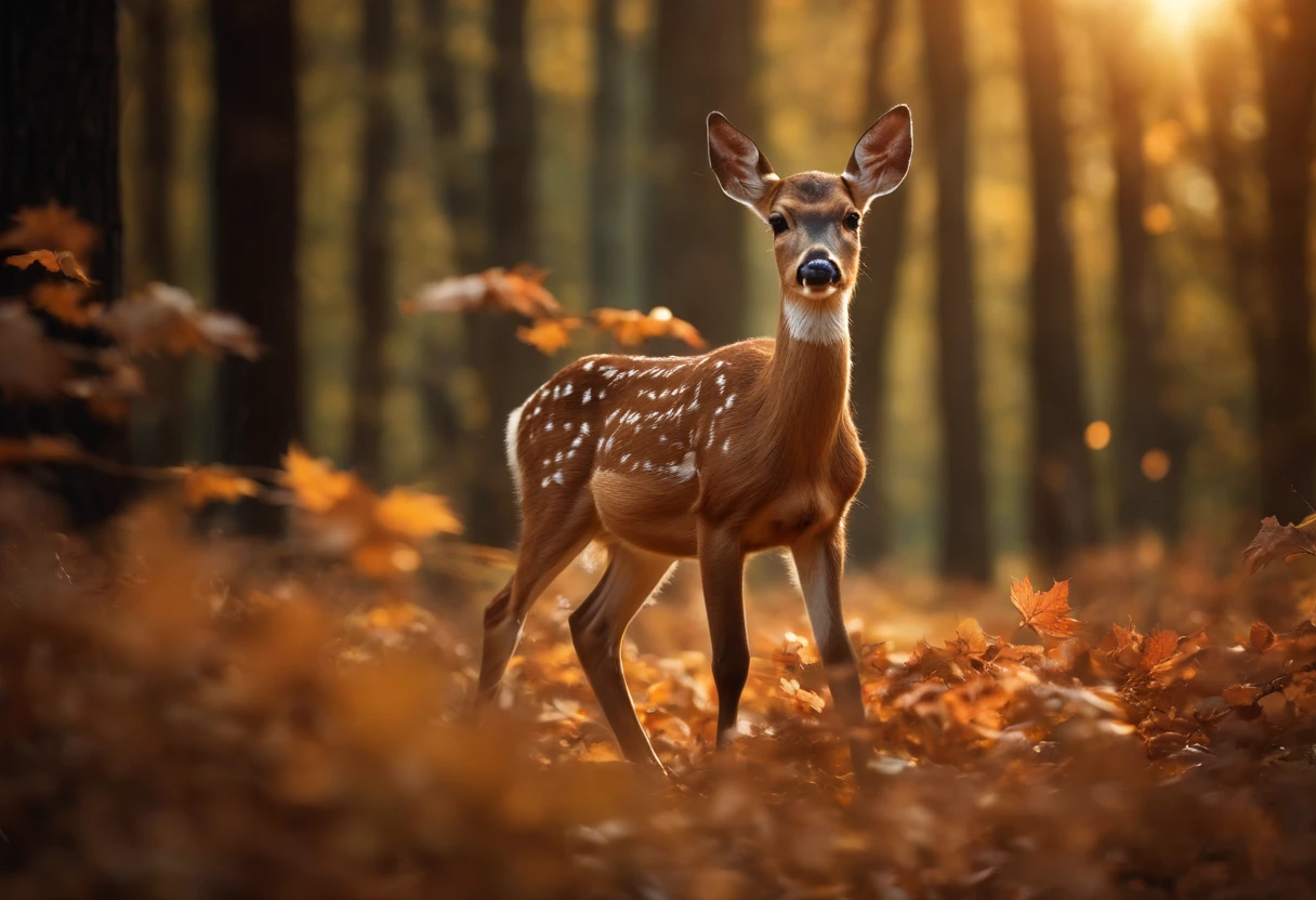 hyperrealistic glamour photo of a cute deer nibbling on maple leaves surrounded by beautiful maple leaves in a dark meaple forest, autumn, beautiful eyes, sunlight, (high quality:1.2), extremely detailed fur, masterpiece, best quality, photograph, dreamlike, face focus, intricate details, sharp focus, photography, photorealism, photorealistic, soft focus, volumetric light, (masterpiece), (intricate details), (hyperdetailed), high detailed, lot of details, high quality, soft cinematic light, dramatic atmosphere, atmospheric perspective, raytracing, subsurface scattering, poertrait photograpgy