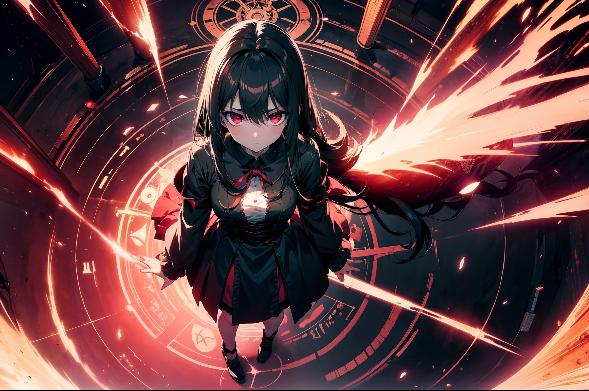 1 loli girl ,((standing on Magic circle)) ,(from above,full body) ,(Faintly emerge from the darkness), blood wet body, blood tears ,character focus,(((Expressionless))) , ((???? eyes)) ,black hair, long hair, ribbon , black dress, red eyes, glowing eyes , Lens Flare ,background darkness, horror, fantasy, Cruel , high resolution,(incredibly absurdres), (hires.fix:1.3),anime visual,ultra detailed CG unity 8k wallpaper, ((masterpiece)), ((top-quality)), (beautiful illustration), ((an extremely delicate and beautiful))
