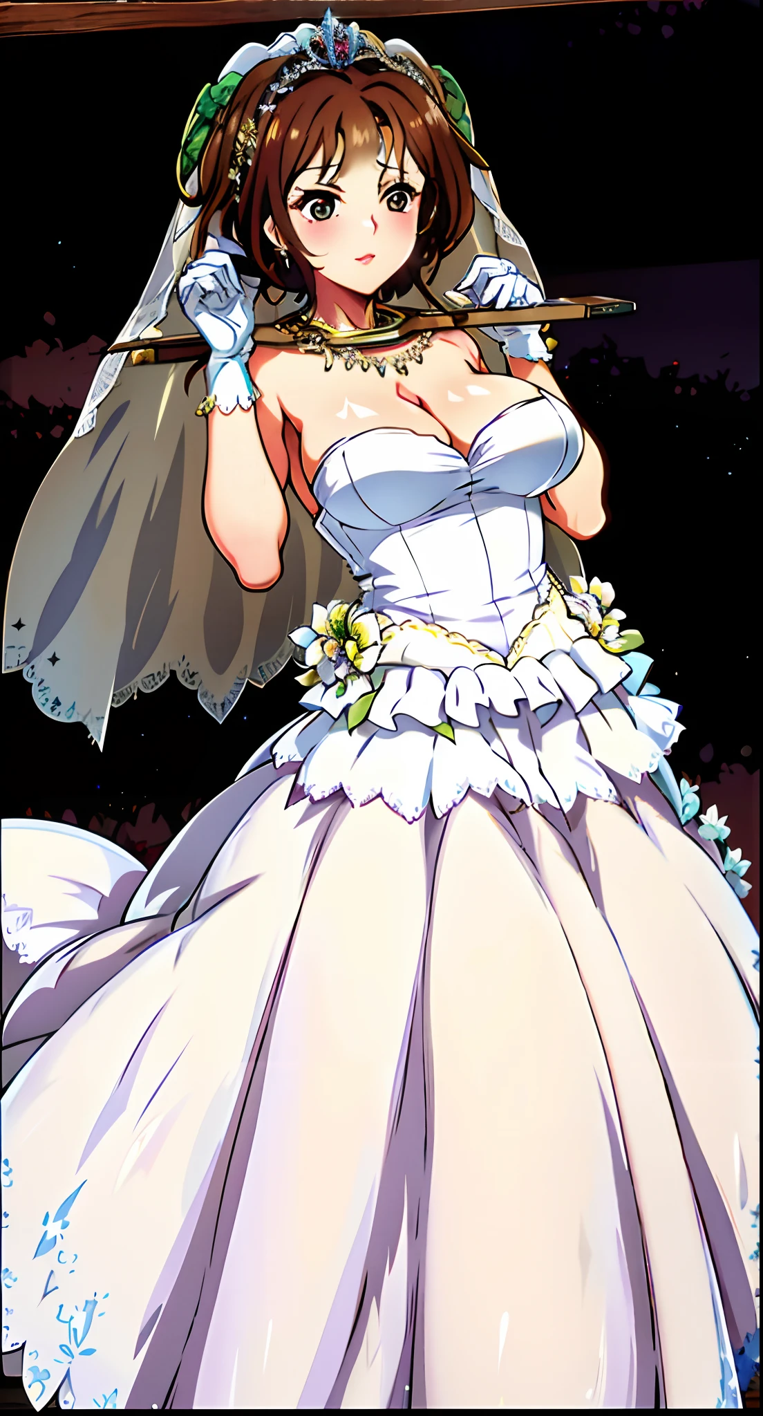 Close-up of a beautiful bride in a beautiful wedding dress, Gurvetz,(pillory:1.5), (Flail:1.2), Flail on the head, Flail on the hands,Full body photo, Whole body, (Bridal veil: 1.5), (Short transparent veil: 1.5), Flushed face, Head flower, head gear, Very detailed princess wedding dress,(Tubular wedding dress: 1.5), (Silk dress: 1.2 ), (Strapless wedding dress: 1.5), (and floor-length skirts:1.2), Pure white dress,a white long skirt, necklace, Earrings, (Huge breasts: 1.3), Deep V heart collar wedding dress, bangs, lipstick, (Lace gloves: 1.3), High detail RAW color art,