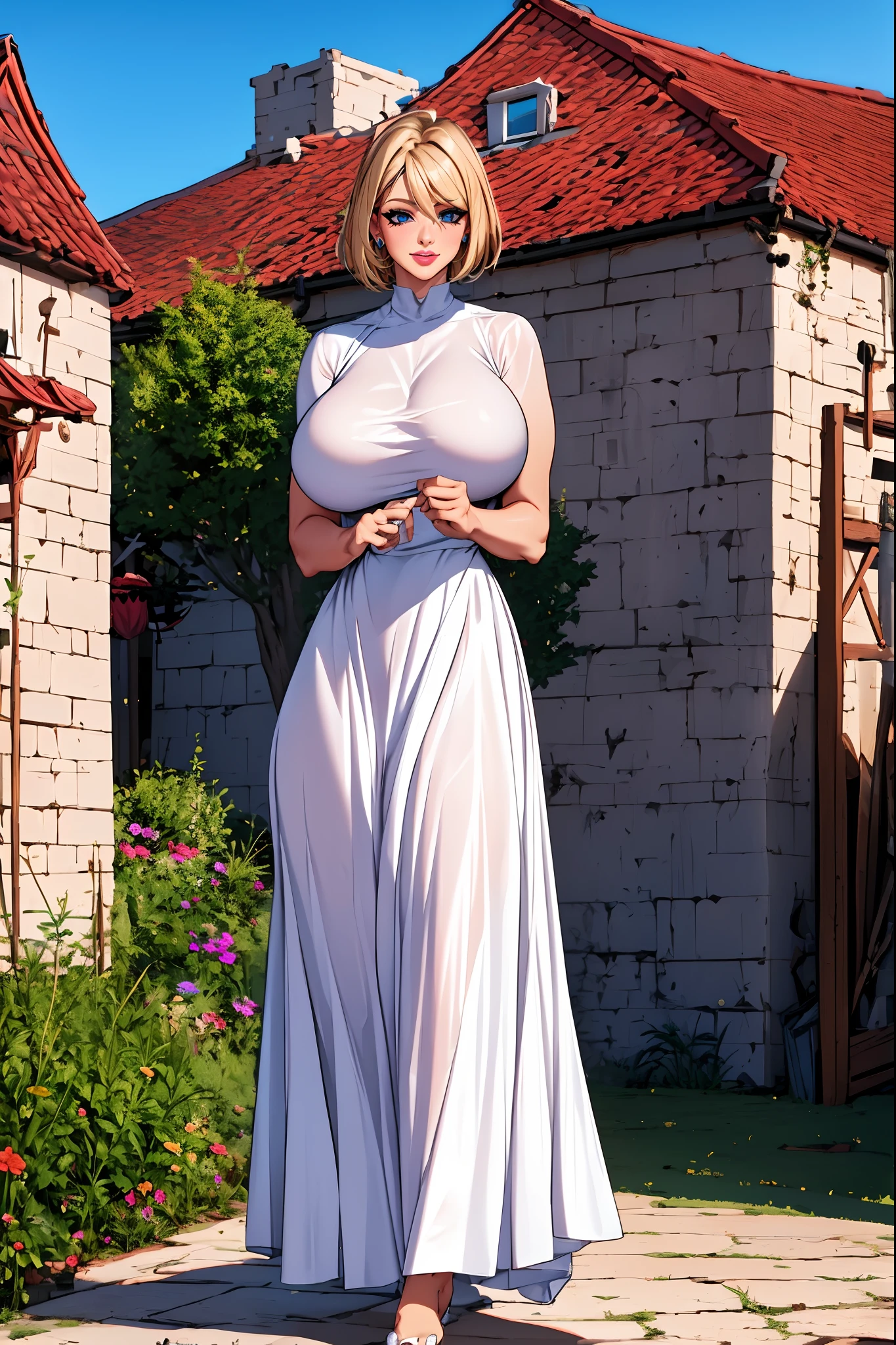 ,bimbo, slim waits, short hair, lipstick, wide hips, huge breasts, , huge breasts, milf,blonde hair, short hair, lipstick, makeup, , (blue eyes), perfect eyes, earrings, smiling, blushing, walking,*priestess, pullover, , walking flipflops, long skirt, medieval clothing, solo, floral crow, staff, wizard, full body, flipflops, medieval village, long robo, long skirt, big skirt,Ancient Chinese architectural style, pant, largen skirt, pants, pantyhose