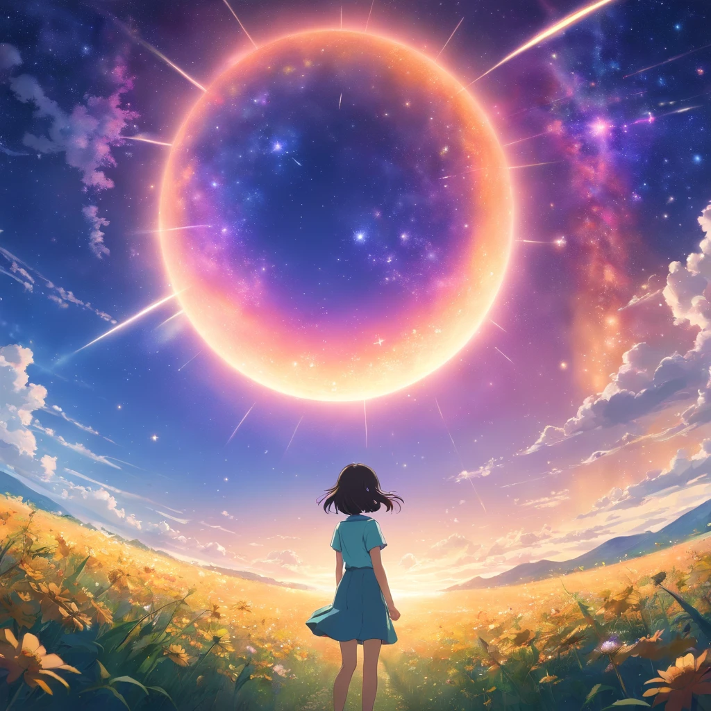 Makoto Shinkai, fotografia de paisagem expansiva , (a view from below that shows sky above and open field below), a girl standing on flower field looking up, (lua cheia:1.2), ( estrelas cadentes:0.9), (nebula:1.3), montanha distante, tree BREAK production art, (Fonte de Luz Quente:1.2), (Pirilamplighto:1.2), lamplight, muito roxo e laranja, detalhes intrincados, volumetric lighting BREAK (master part:1.2), (best quality), 4k, ultra-detalhado, (dynamic compositing:1.4), altamente detalhado, detalhes coloridos,( Cores iridescentes:1.2), (bright illumination, Atmospheric Illumination), sonhador, magica, (sozinho:1.2)