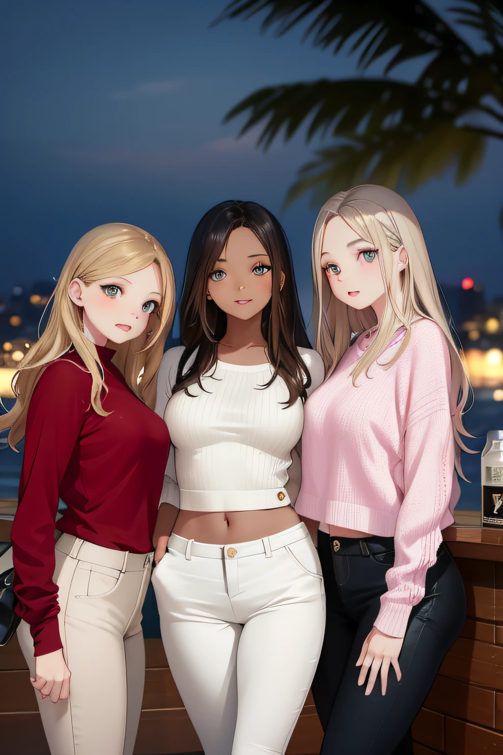 three women standing next to each other at a bar, promotional still, promo still, promotional image, sydney sweeney, promotional images, promotional photo, promotional shot, inspired by Sophia Beale, beautiful girls, cute girls, promotional picture, 3 young and beautiful women, mid shot portrait, young women, in the background, photoshoot for skincare brand, promotional photoshoot, early evening