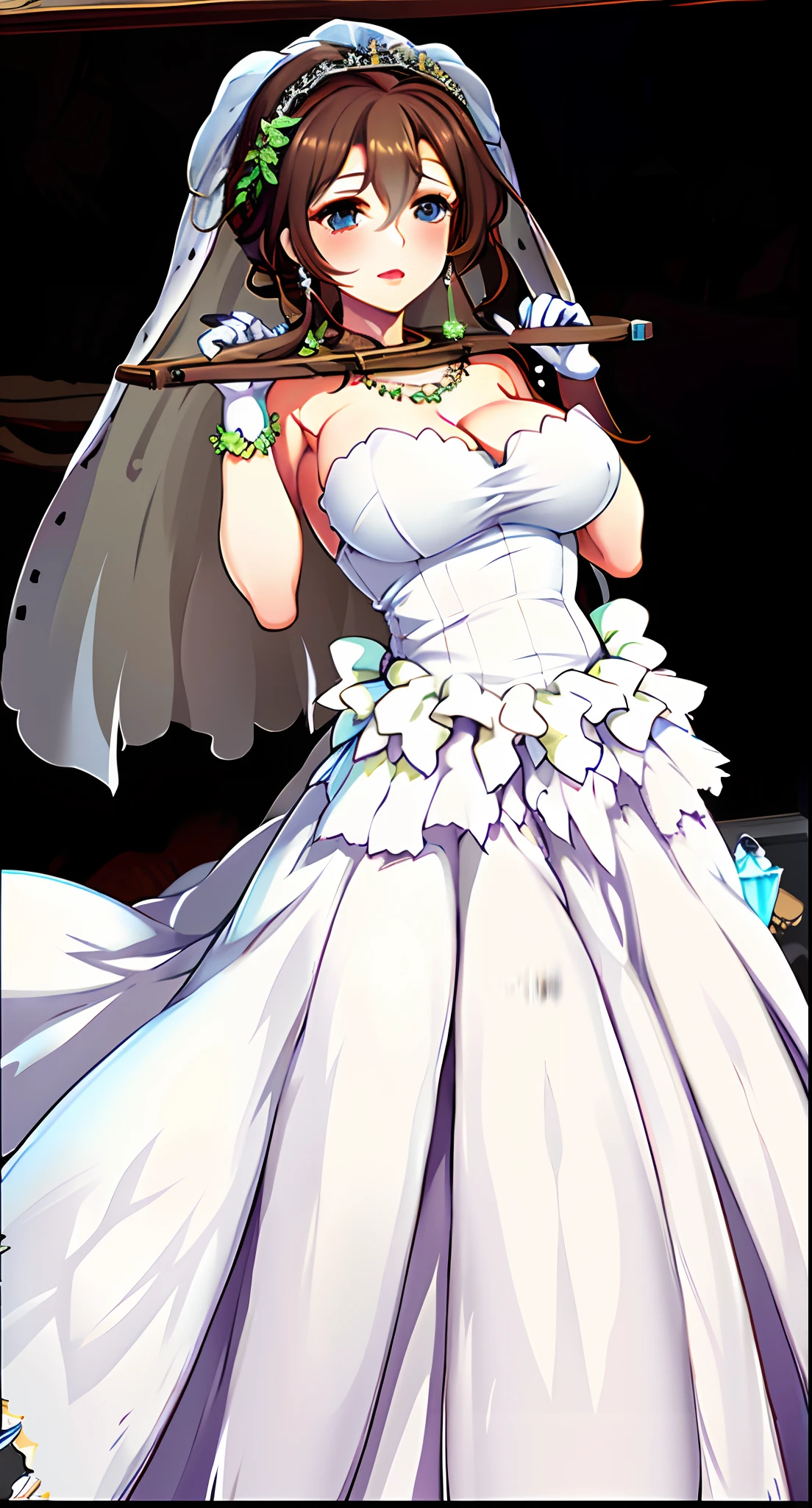 Close-up of a beautiful bride in a beautiful wedding dress, Gurvetz,（pillory：1.5）, （Flail：1.2）,  Flail on the head, Flail on the hands,Full body photo,  Whole body, (Bridal veil: 1.5), (Short transparent veil: 1.5), Flushed face, Head flower, head gear, Very detailed princess wedding dress,(Tubular wedding dress: 1.5), (Silk dress: 1.2 ), (Strapless wedding dress: 1.5), （and floor-length skirts：1.2）, Pure white dress,a white long skirt, necklace, Earrings, (Huge breasts: 1.3), Deep V heart collar wedding dress, bangs, lipstick, (Lace gloves: 1.3),  High detail RAW color art,