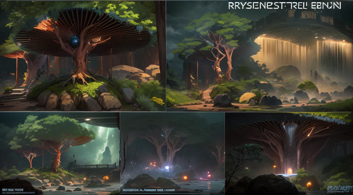 Rainforest base (Very detailed) In the midst of mountainous rainforests，There are several rainforests, Some spotlights come out of the base to illuminate dark places, (the rainforest), Some clouds in the night sky, Some of the surrounding planets provide air to unknown planets，The furthest rainforest