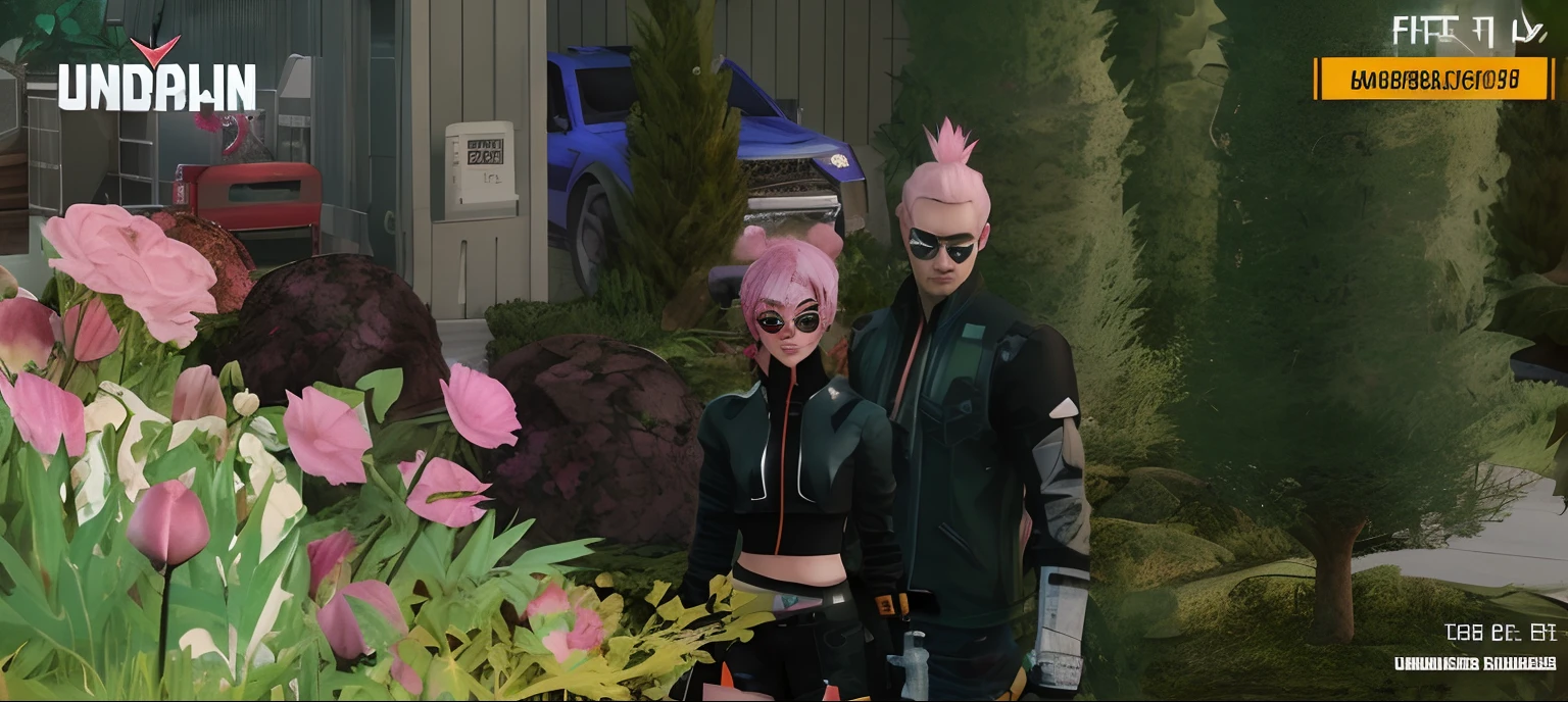 there are two people standing in front of a building with pink hair, cyber punk setting, cyberpunk outfits, cyberpunk flowerpunk, mechanic punk outfit, in a cyberpunk garden, in cyber punk 2077, cyberpunk in foliage, in the cyberpunk countryside, cyberpunk style outfit, with pink hair, cyberpunk outfit, style of cyberpunk 2 0 7 7, in cyberpunk style