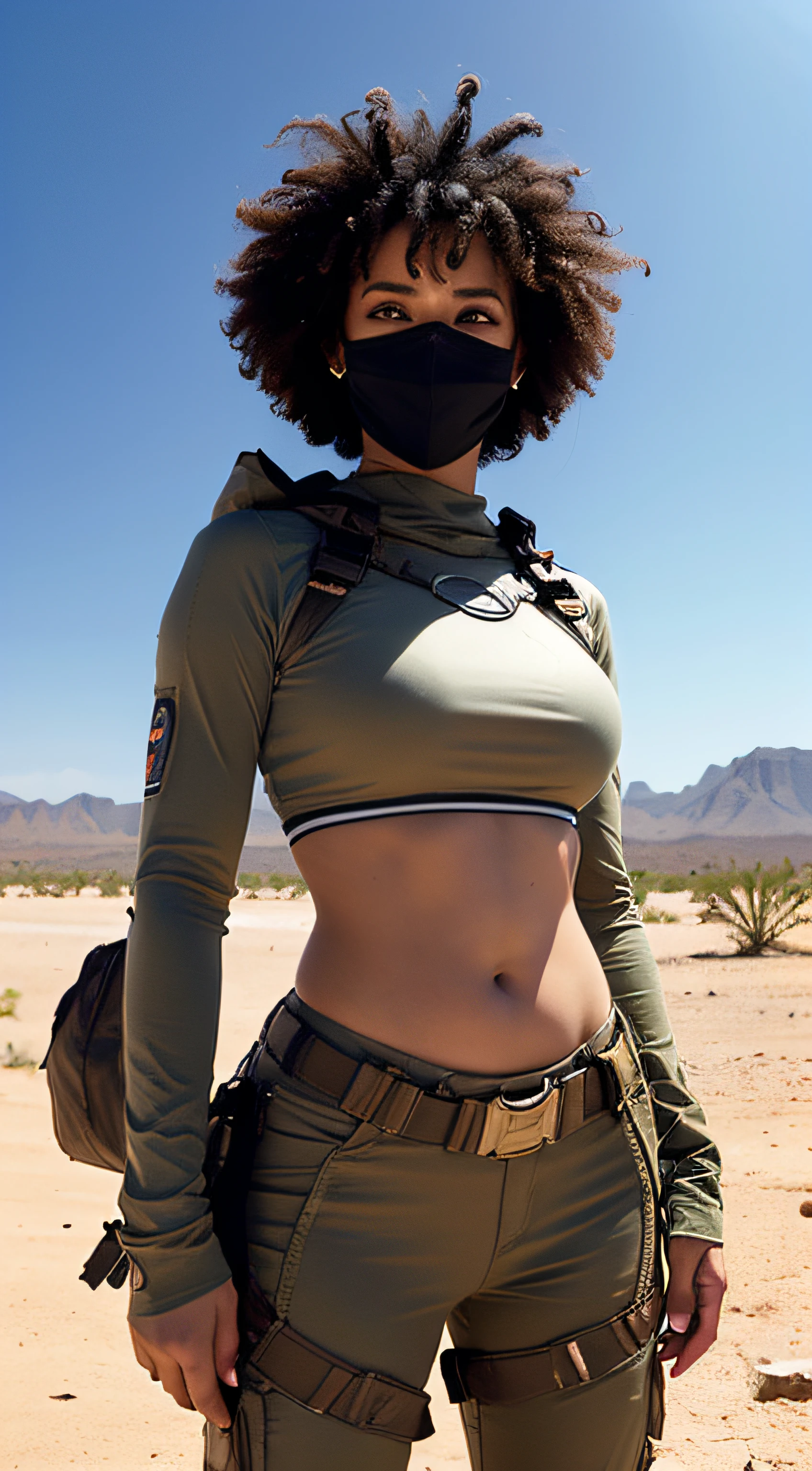 Mujer Latina Afro, charismatic [Artillero: cazarrecompensas: 0.4] Stand in the middle of a sci-fi desert (Estilo de cubo: 1) Retrato corporal、WMASK、Muestra tu verdadero rostro, (La ciudad de Cartagena de Indias de fondo).