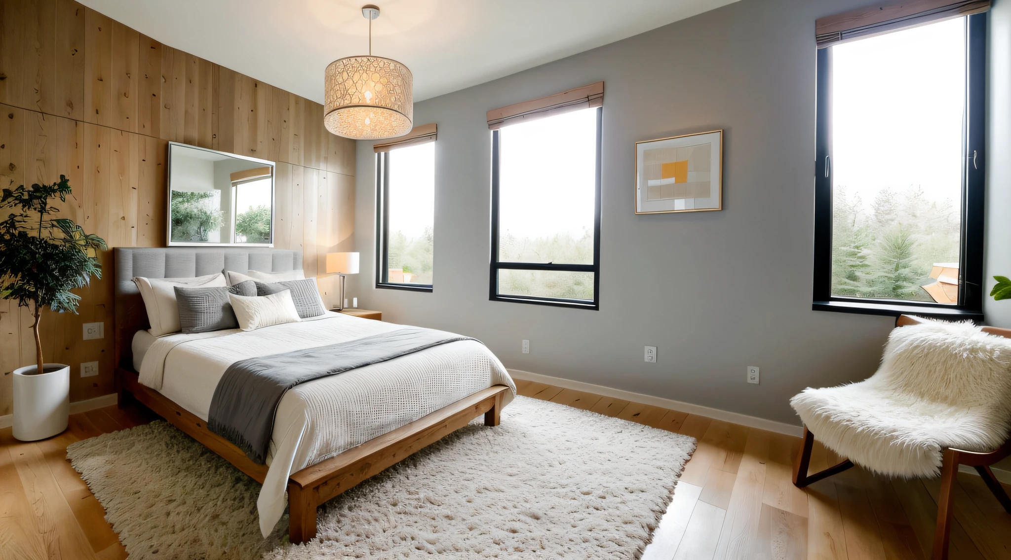 (best quality,4k,8k,highres,masterpiece:1.2),ultra-detailed,(realistic,photorealistic,photo-realistic:1.37), HDR, UHD, studio lighting, ultra-fine painting, sharp focus, physically-based rendering, extreme detail description, professional, vivid colors, bokeh, modern style gray bedroom, minimalist, cozy atmosphere, elegant design, clean lines, natural lighting, floor-to-ceiling windows, spacious, comfortable bed, soft gray bedding, plush pillows, sleek wooden furniture, geometric shapes, abstract artwork, contemporary decor, monochrome color scheme, muted tones, pops of color, accent wall, textured wallpaper, warm lighting, ambient lights, pendant lamps, wooden flooring, neutral tones, decorative plants, indoor greenery, cozy rug, reading corner, large mirror, reflective surfaces, stylish dressing table, organized closet, natural materials, serene ambiance.