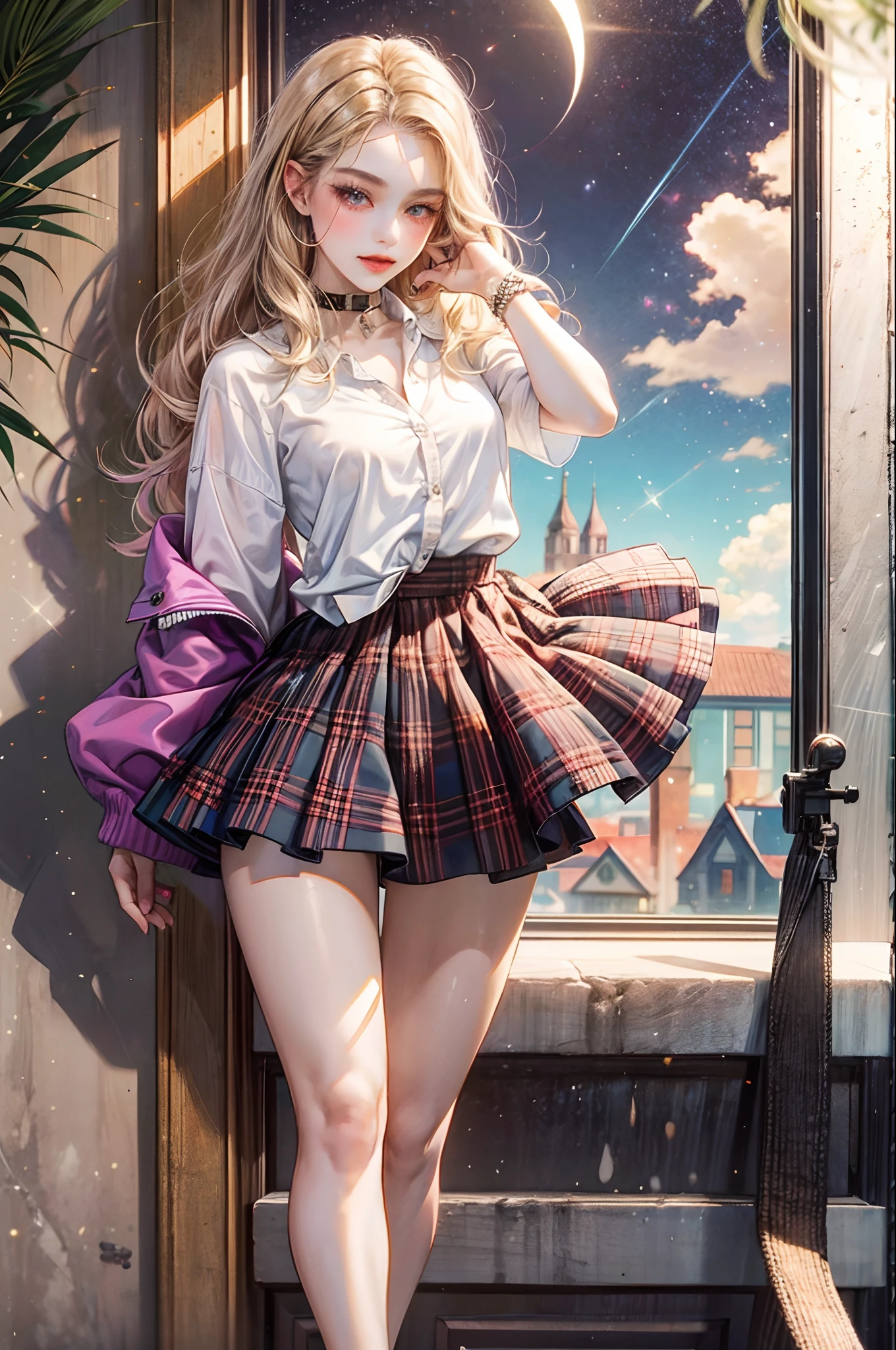 a girl wearing a beautiful skirt and a shirt with v Neckline, cute pose, one leg up, Pastel colors --auto --s2