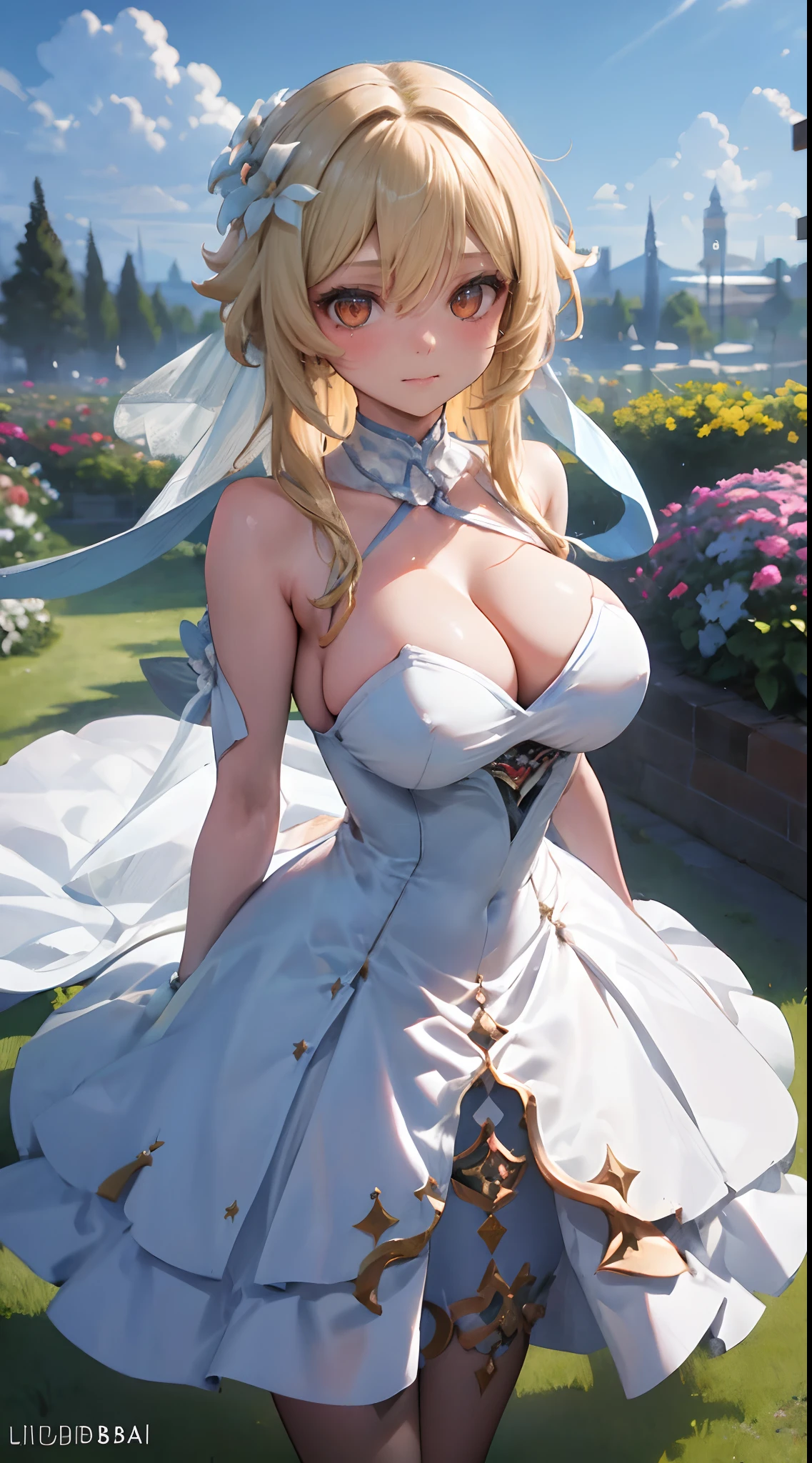 Lumine | genshin impact, master-piece, bestquality, 1girls,25 years old, proportional body, proportional., Wedding Dresses, White Wedding Dress, wedding, gigantic breasts, ,bara, choker, Standing in the middle of a flower garden, outdoor, The sky is beautiful, arm behind back, View viewers from the front., Thigh strap, Head tilt, bored, 10, 10, HD, slight smile,