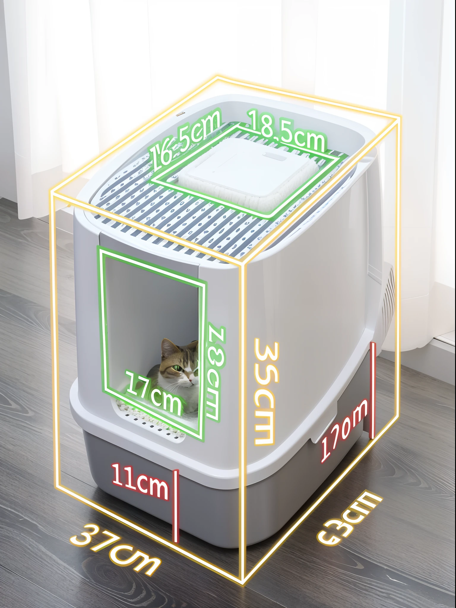 Alafeld cat in litter box,There is a height scale, 3d product, ultra high quality model, ultra view angle view, product introduction photos, product - view, hyper-high detail, hyper-high detail, product introduction photos, front side full, with accurate features, complete body view, hyper-high detail, Ultra-high detail