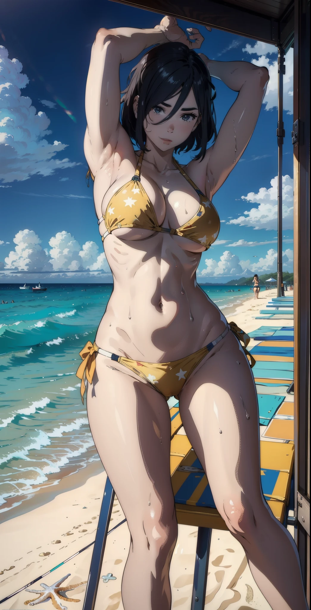 (Dynamic poses:1.5), masterpiece, (beach:1.5), raw color, 8k, illustrator, masterpiece, high quality, 8k, high resolution, high detailed, midriff, high quality, （very detailed cg unity 8k wallpaper），best qualtiy，cinematic lighting, ultra - detailed，masterpiece，）, (nsfw:1), (bikini:1.5), (big breast), depth of field, front view, smile, (sunset:1), armpit, wet