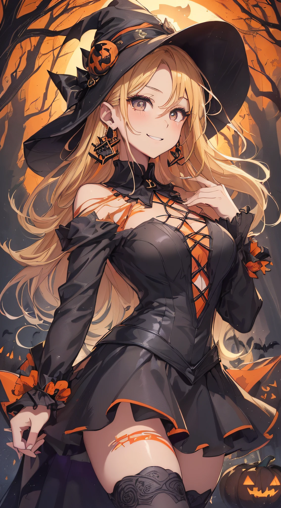 top-quality、Top image quality、masterpiece、teens girl((18year old,Black Wizard Hat、Black and orange sexy clothes,Orange and black skirt、Orange muffler,Best Bust、Bust 85、Blonde long hair,Black eyes、open chest wide、Valley、Happiness、A slender、Blood coating、Emphasis on the chest、Bats tattoo、Gold Earrings、Cross your arms behind your back、Leaning forward、A smile))hiquality、Beautiful Art、Background with((natta、dark sky、Halloween at night、the bats、pumpkins,Nightmare、Halloween、in woods))、Depth(Beautiful black house),masutepiece、Elaborate design、visualart、high contract、The best lighting、highestdetailed、low angles