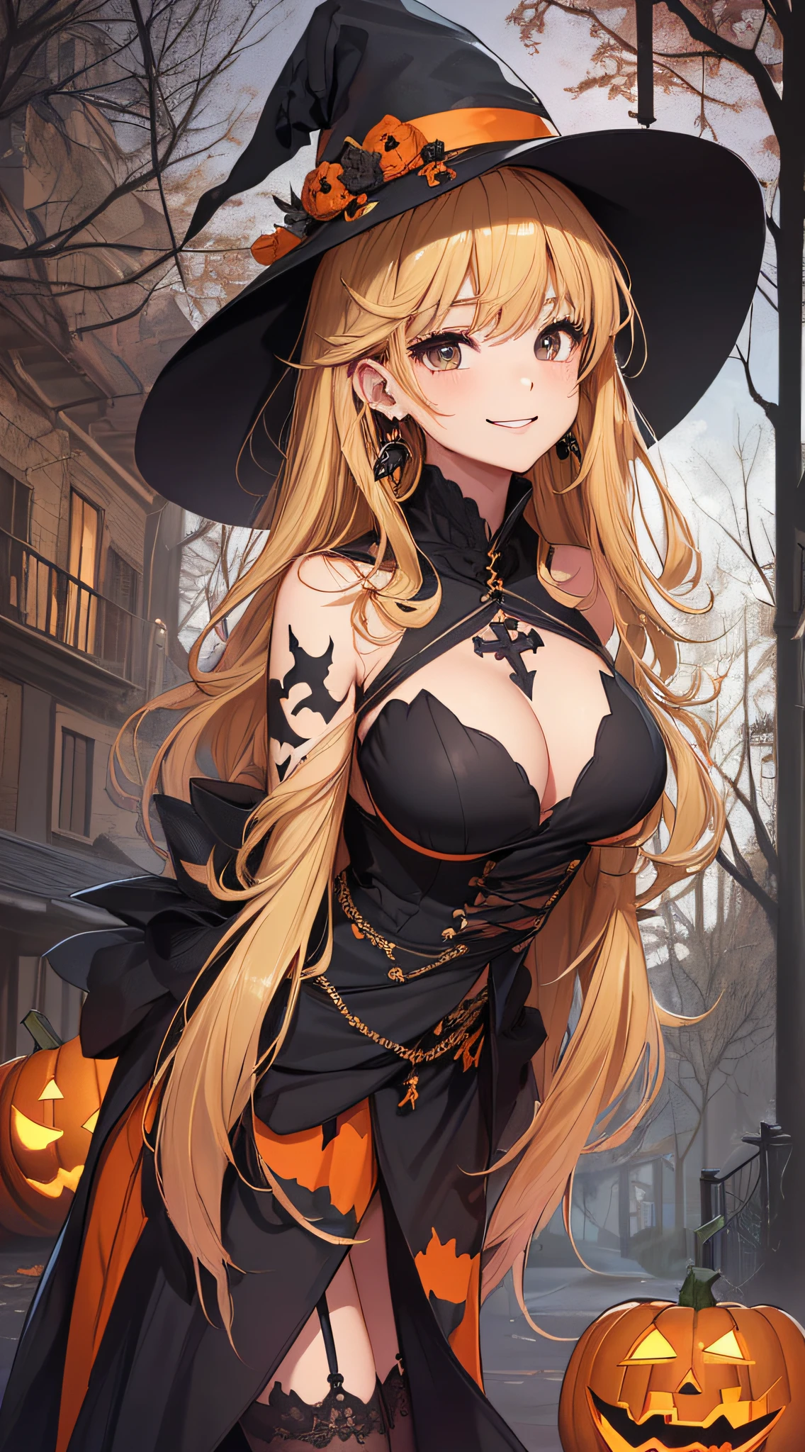 top-quality、Top image quality、​masterpiece、teens girl((18year old,Black Wizard Hat、Black and orange sexy clothes,Orange and black skirt、Orange muffler,Best Bust、Bust 85、Blonde long hair,Black eyes、open chest wide、Valley、Happiness、A slender、Blood coating、Emphasis on the chest、Bats tattoo、Gold Earrings、Cross your arms behind your back、Leaning forward、A smile)）hiquality、Beautiful Art、Background with((natta、dark sky、Halloween at night、the bats、pumpkins,Nightmare、Halloween、in woods))、Depth(Beautiful black house),masutepiece、Elaborate design、visualart、high contract、The best lighting、highestdetailed、low angles