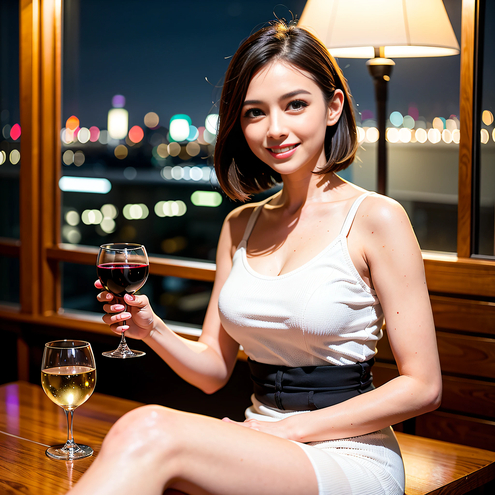 (64K, UHD, top quality, masterpiece: 1.2), (realistic, photorealistic: 1.37), super detailed, pretty woman 1 person, (slim face), (slim body), (brown hair), (short cut), cheeks slightly blushing, (35 years old), 38 years old, solo, beautiful detailed urban night view outside the window, restaurant, wine glasses sit, at night, in a prominent place (from the waist up) NovaFrogStyle, Actress, Model, Waist Up, White Wine, Slim, Wine Glass, Super Clean Night View, Wine Glass Put in the Middle, Happy Smile, (Smile: 1.15), Beautiful Fine Eyes, Upper Body, Bust Japan Up, Night, Short, Short, Actress, Model, Waist Up, White Wine, Slim, Wine Glass, Super Clean Night View, Wine Glass Put in the Middle, Happy Smile,
