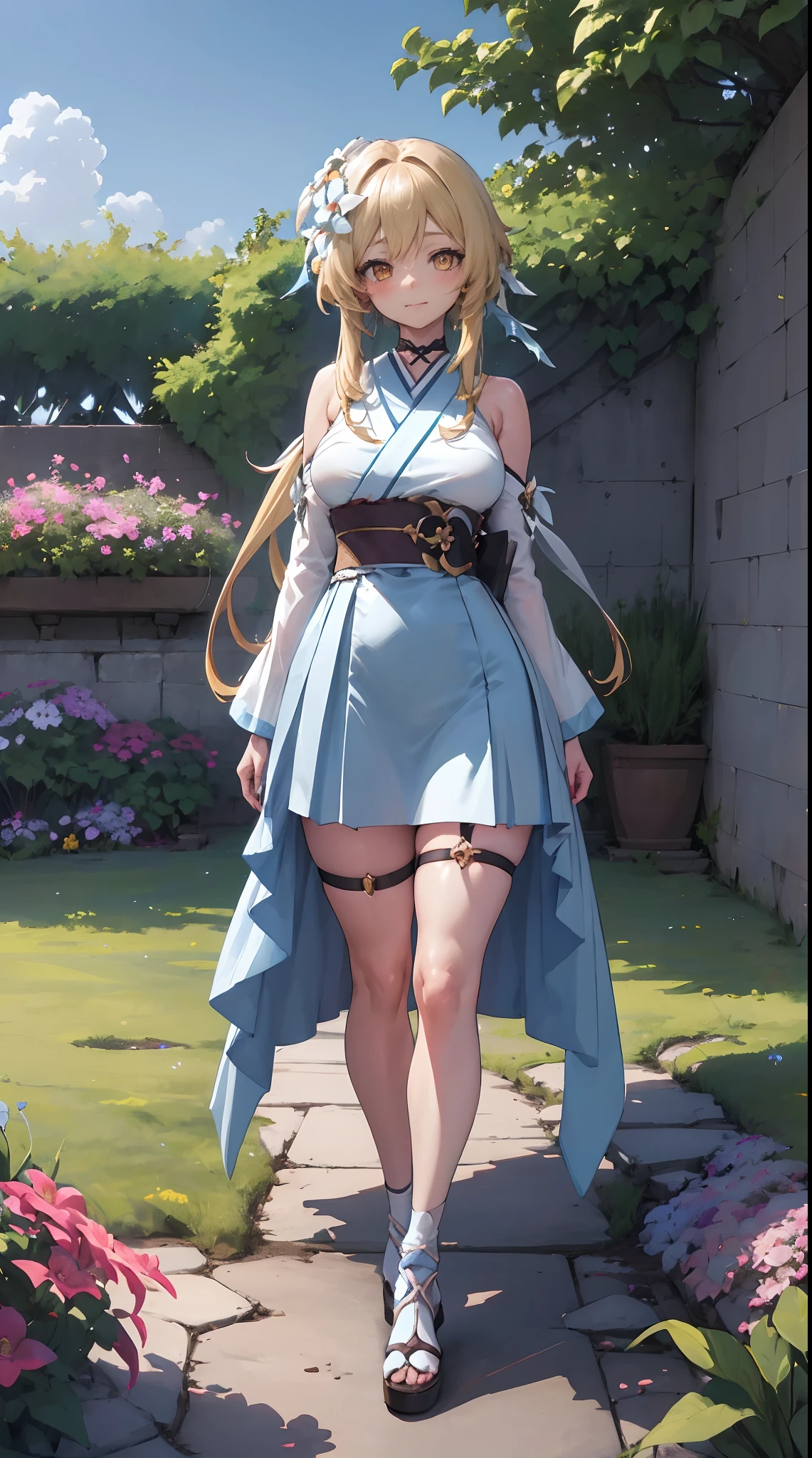 Lumine | genshin impact, master-piece, bestquality, 1girls,25 years old, proportional body, proportional., long-haired, Hanbok, gigantic breasts, ,bara, choker, Standing in the middle of a flower garden, outdoor, The sky is beautiful, arm behind back, against wall, View viewers from the front., Thigh strap, Head tilt, bored, 10, 10, HD, slight smile,