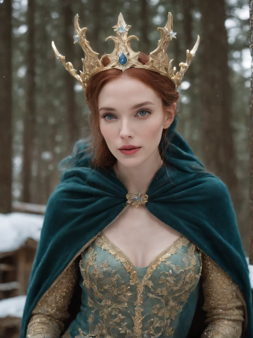 Woman with an ice crown on her head,Wearing a navy blue winter cape with gold details, snowflake brooch. cabelos preto e longos. Queen of Winter, Elf Princess, portrait of an elf queen, fairy queen, Winter Princess, fairy queen, Artgerm on ArtStation Pixiv, beautiful and elegant elf queen, full bodyesbian. Standing in the snow in front of a large icy castle. rpg character. medieval era. elf woman. Red-haired elves. blue color eyes. Forest elves. Forest warrior elves. Elven archers. Medieval archers. archery. Organic Amadurlah. Moss green armor. Soft llumination. Standing in the middle of the forest. floresta exuberante. bioluminescent mushrooms. fantastical setting. sunlights. rays of sunshine. Warm highlights. Blue and yellow green color palette. Role-play character design. Model IG | Art germ, :: rossdraws, The artwork is not Guvez style, extremely detailed artgerm. full bodyesbian, detailed background of a castle, ultra - detailed, Detal Face, The sincere perspective of the photo, author:Lee Jeffries, Nikon D850, Stock photographic film ,4 Kodak Portra 400, F1 camera lens.6, plethora of colors, Ultra photo realsisim, textures true to reality, The lighting is dramatic, cine still 800 (8K, photo RAW, best qualityer, tmasterpiece: 1.2), ultra - detailed, (highly detailedskin: 1.2), 8K UHD, Digital SLR, Soft llumination, high high quality.Model IG | Art germ, :: rossdraws, The artwork is not Guvez style, extremely detailed artgerm. full bodyesbian, detailed background of a castle, ultra - detailed, Detal Face, The sincere perspective of the photo, author:Lee Jeffries, Nikon D850, Stock photographic film ,4 Kodak Portra 400, F1 camera lens.6, plethora of colors, Ultra photo realsisim, textures true to reality, The lighting is dramatic, cine still 800